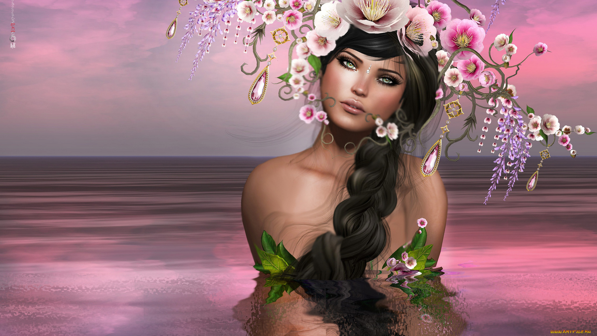 3д, графика, люди, , people, венок, девушка, коса, цветы