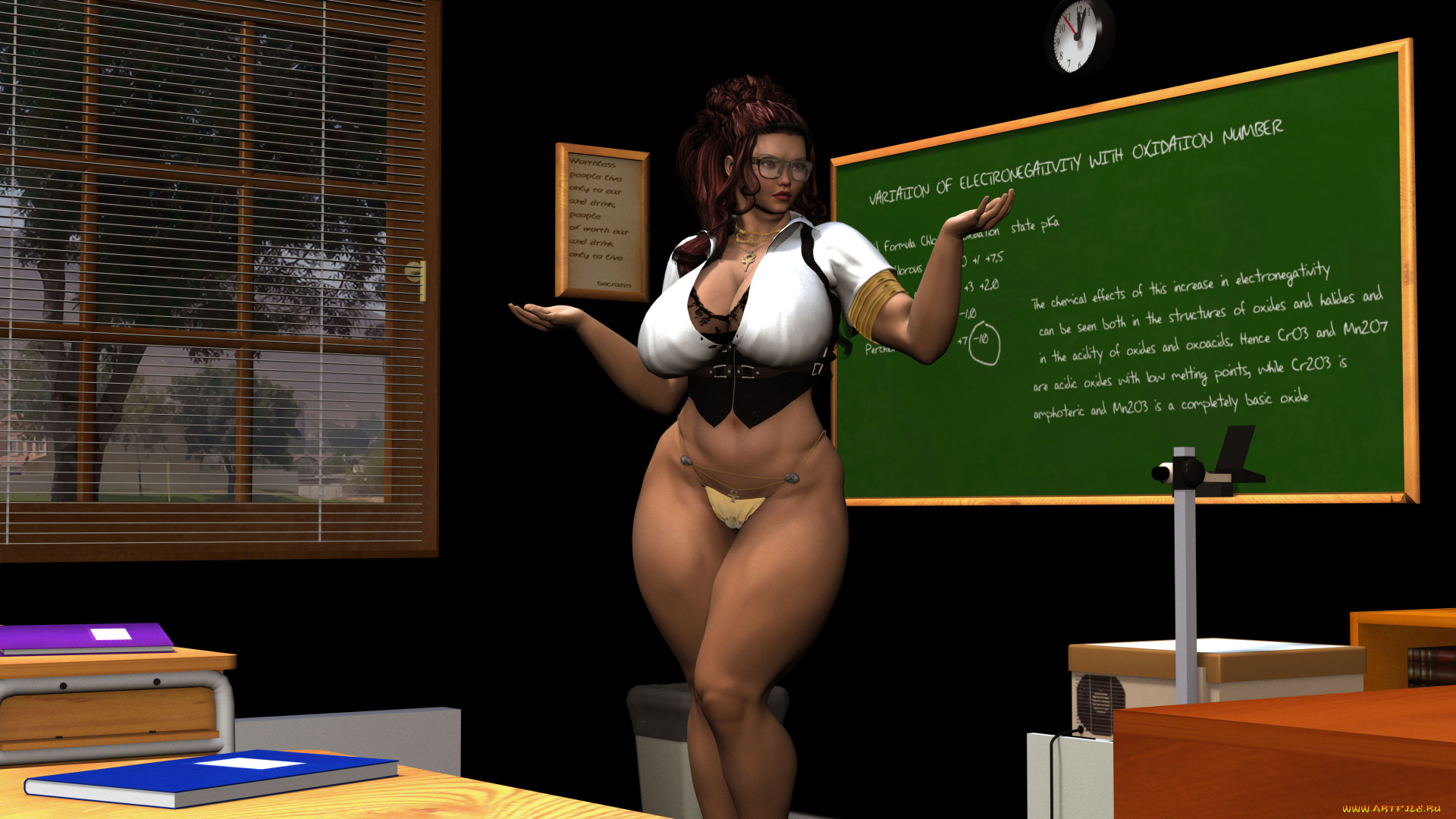 3д, графика, люди, , people, жест, доска, стол, окно, учительница, девушка, взгляд, класс, книги, часы