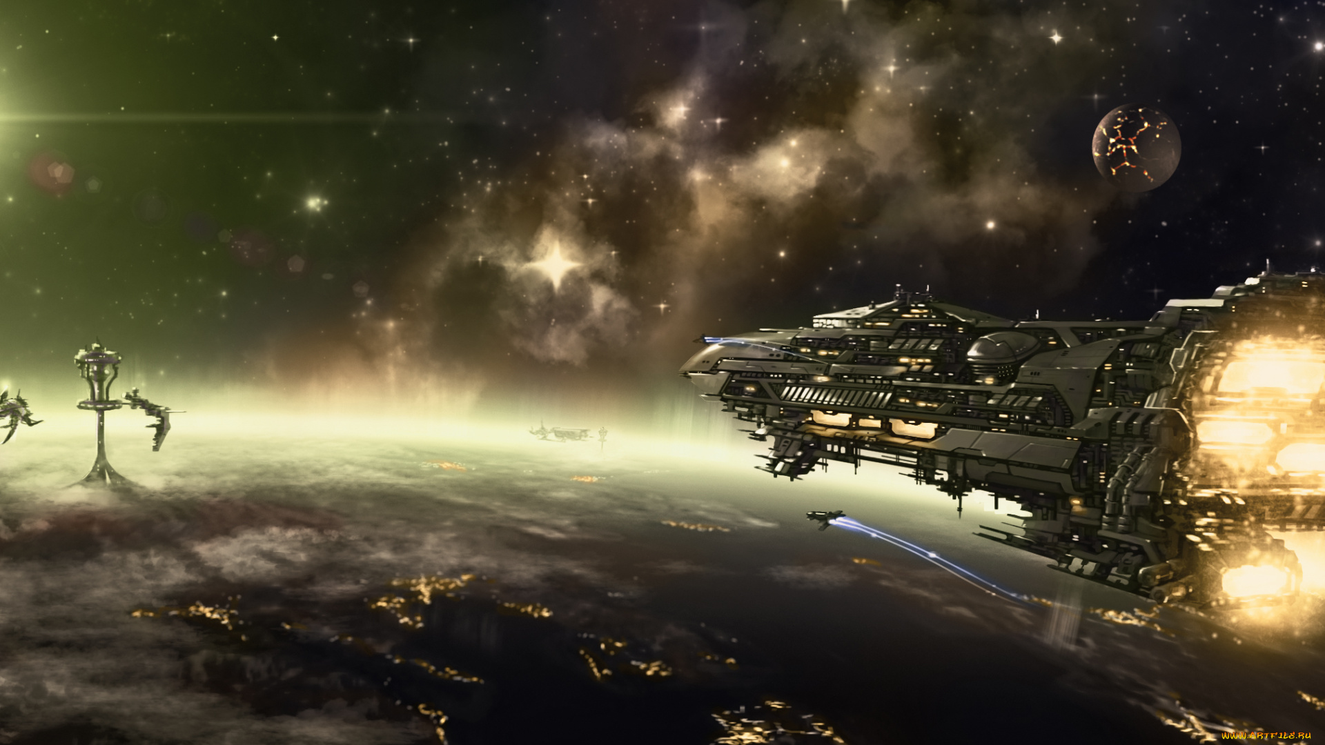 фэнтези, космические, корабли, , звездолеты, , станции, полет, огни, космический, корабль, космос