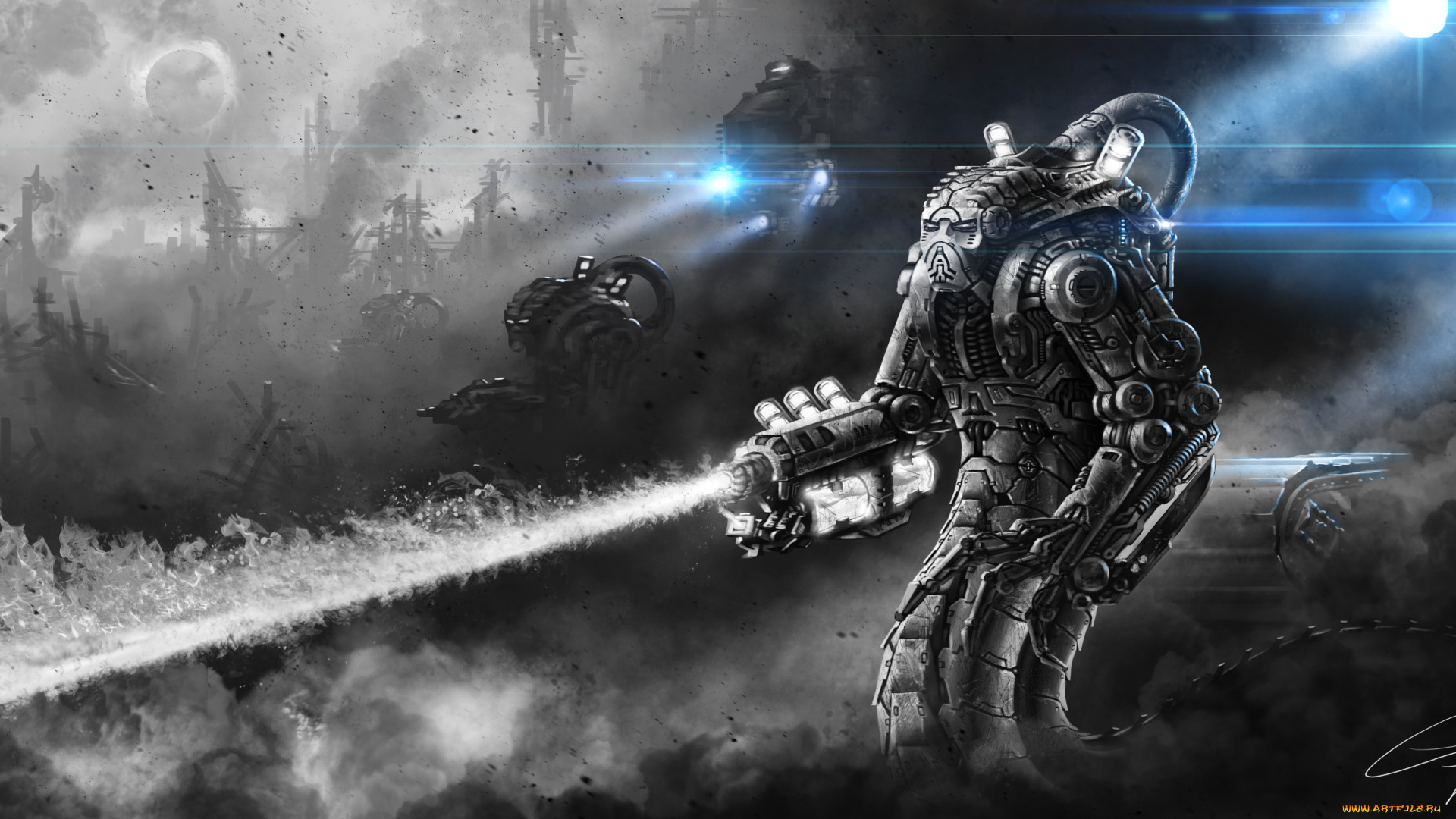 фэнтези, роботы, , киборги, , механизмы, свет, лучи, воин, оружие, робот