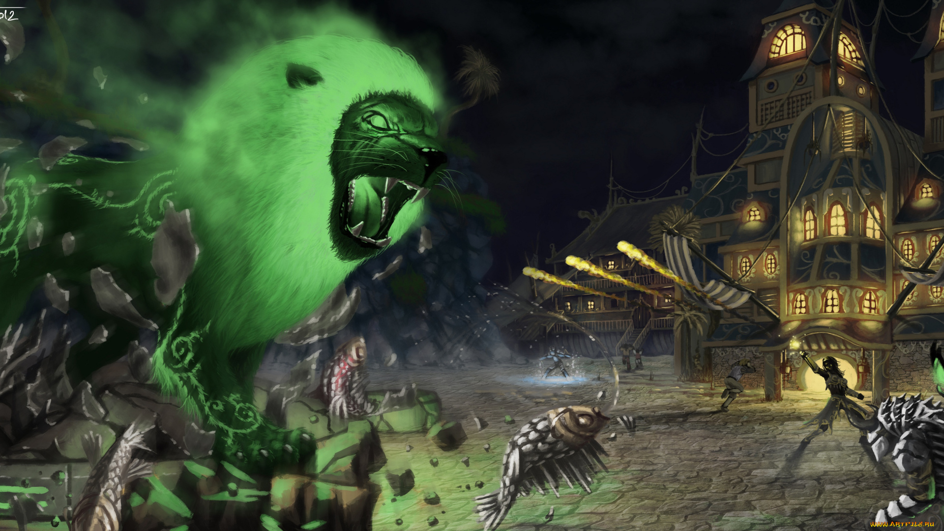 фэнтези, существа, лев, нежить, город, рыбы