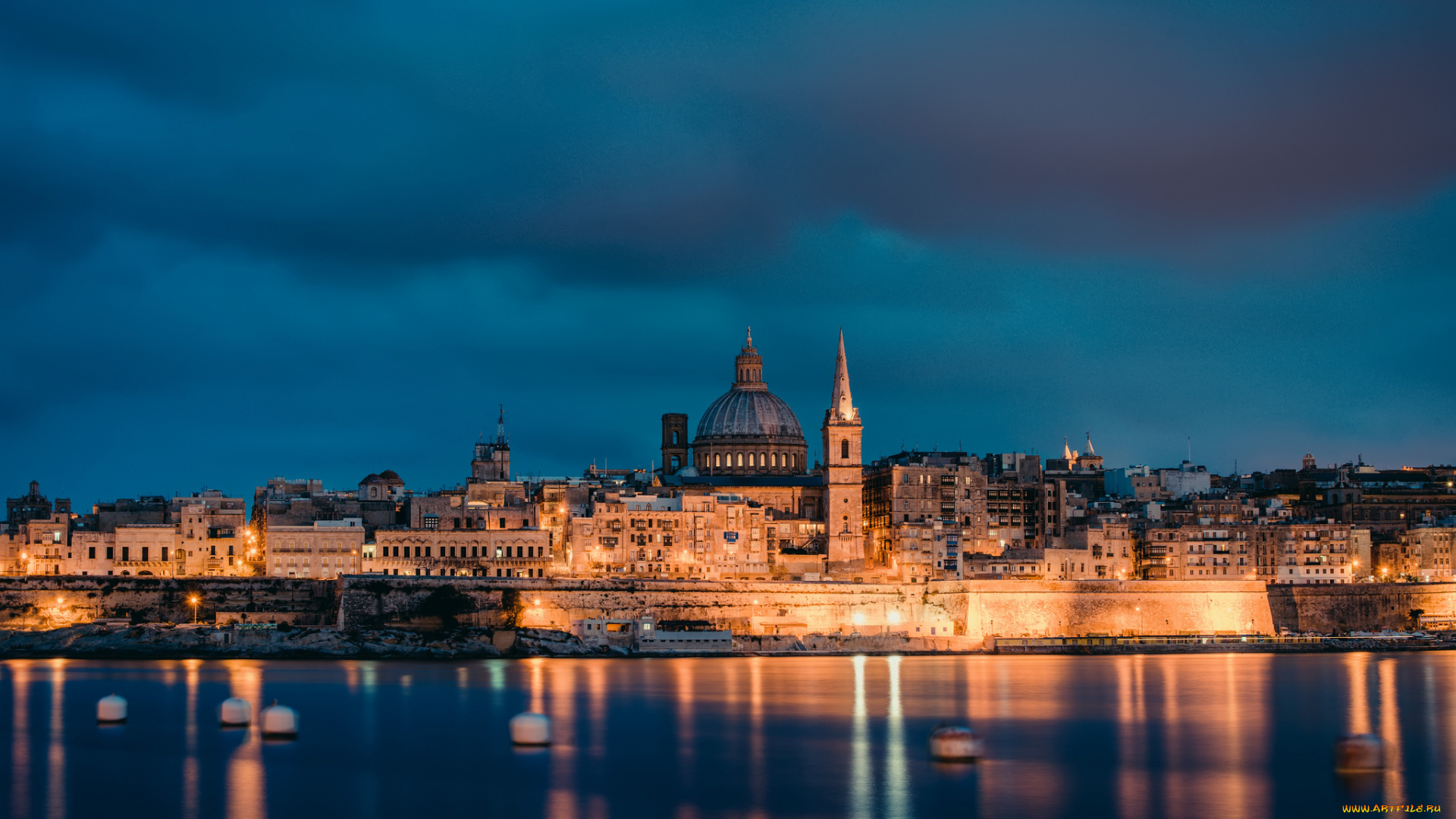 города, -, огни, ночного, города, malta, valletta, мальта, валетта, столица, вечер, архитектура, освещение, огни, побережье, море, небо, тучи