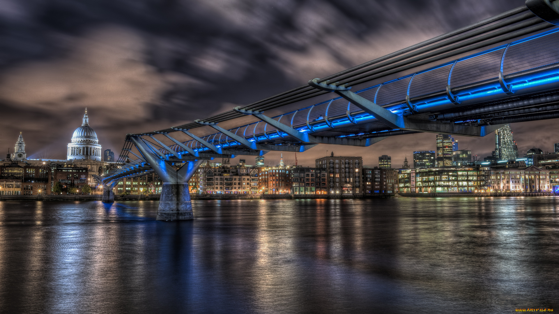 millennium, bridge, города, лондон, , великобритания, огни, мост, река, ночь