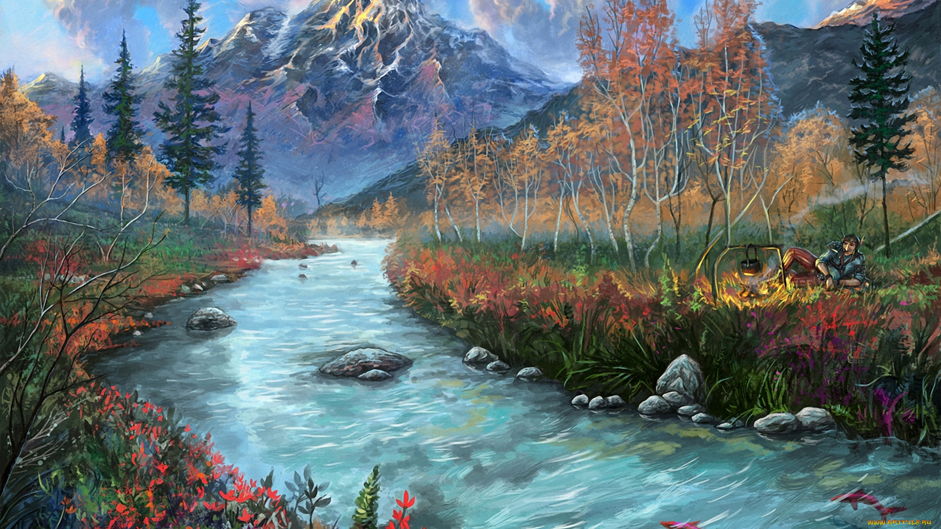 рисованные, живопись, пейзаж, костёр, рыбы, человек, камни, горы, река