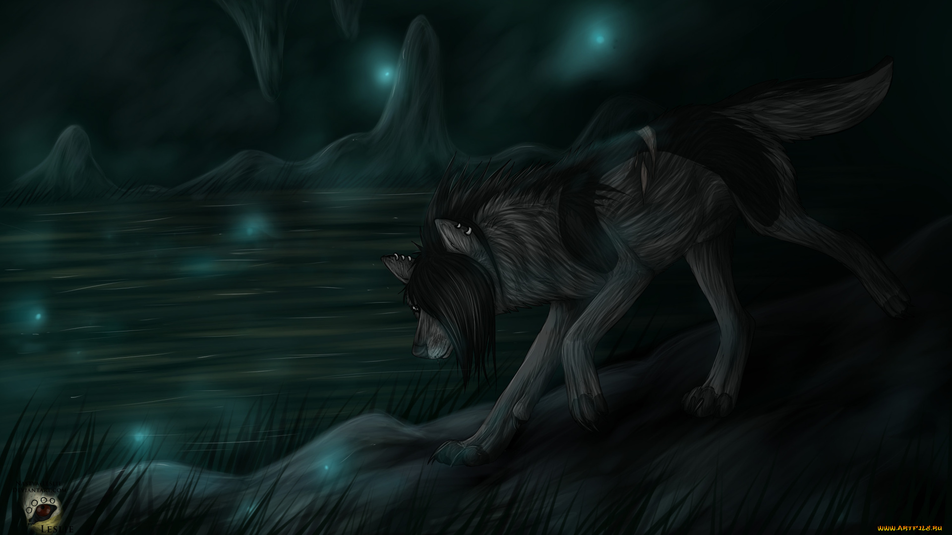 рисованные, животные, , волки, река, ночь, волк