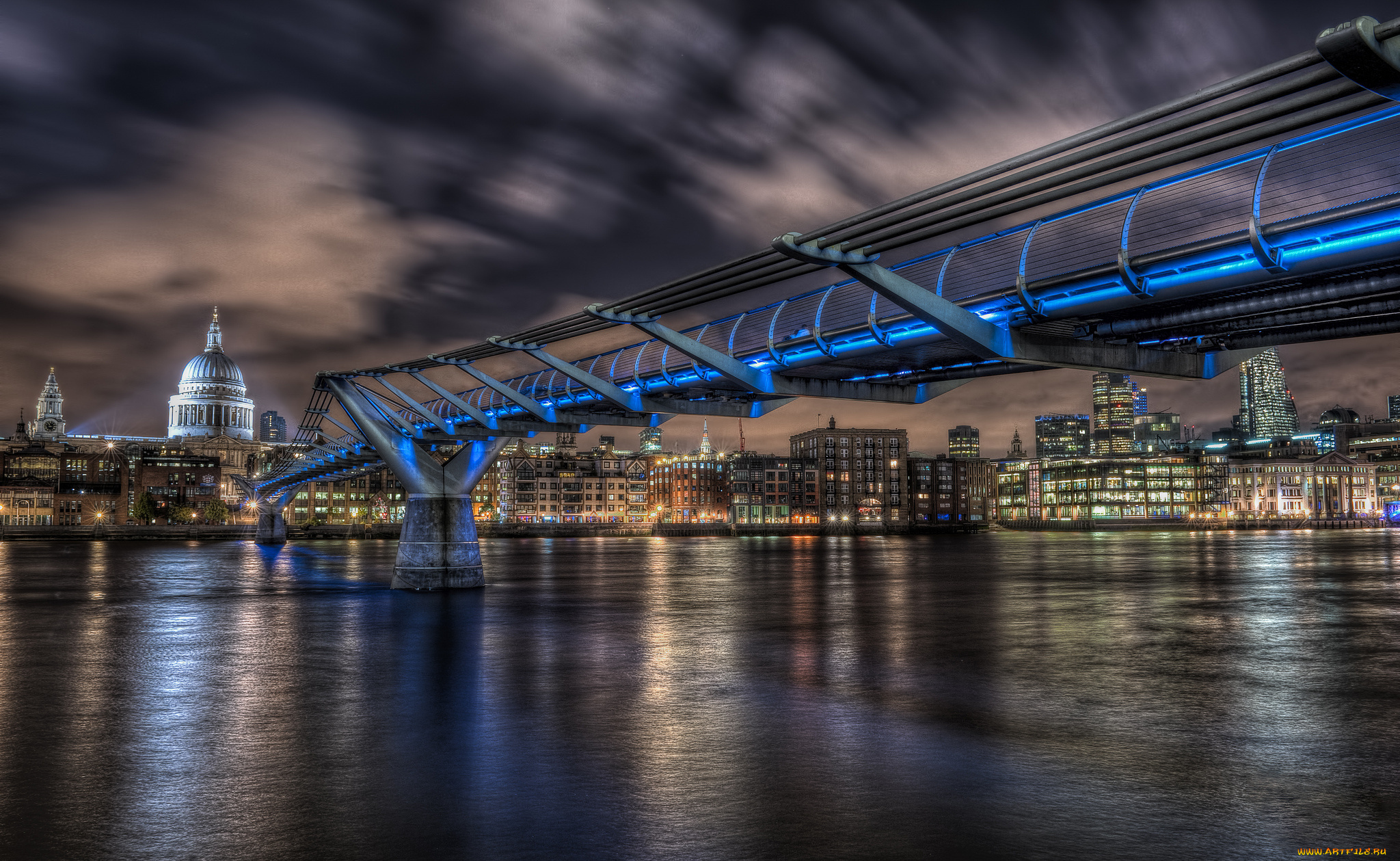 millennium, bridge, города, лондон, , великобритания, огни, мост, река, ночь