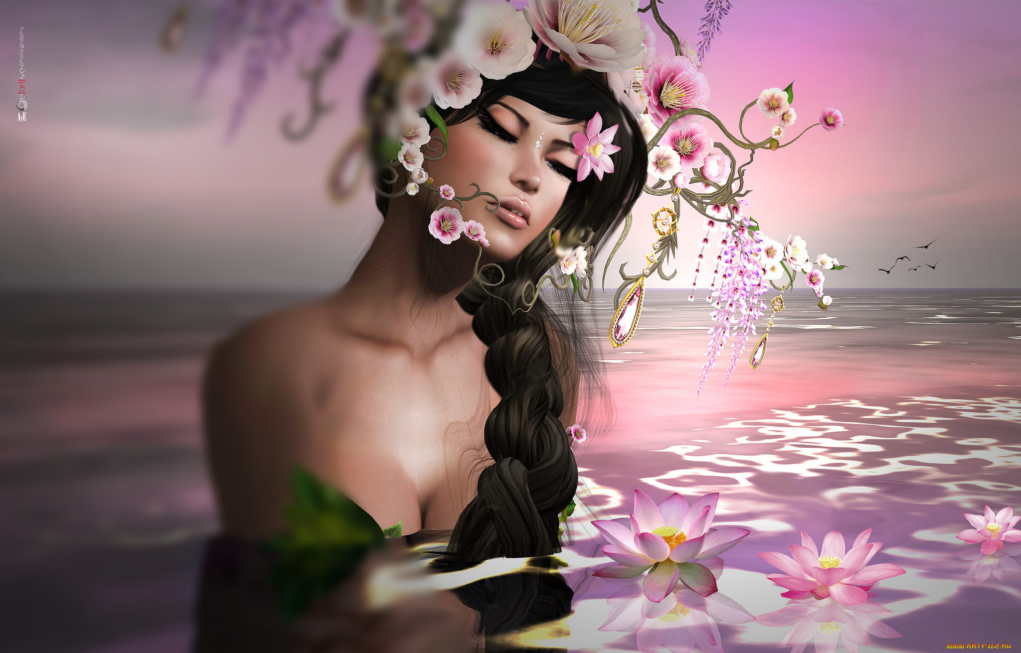 3д, графика, люди, , people, венок, цветы, коса, девушка