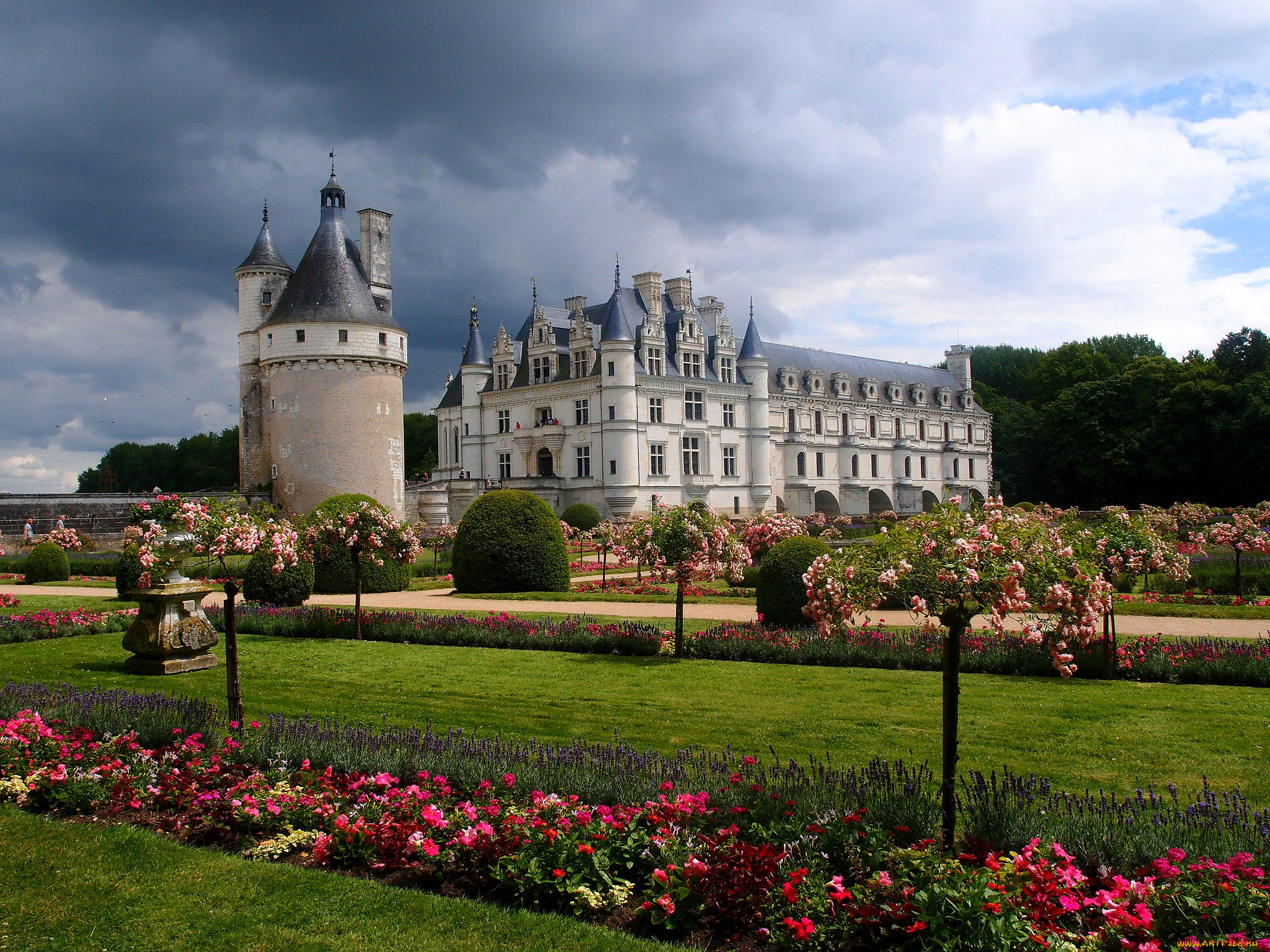 chateau, de, chenonceau, города, -, дворцы, , замки, , крепости, газон, замок, парк, клумбы
