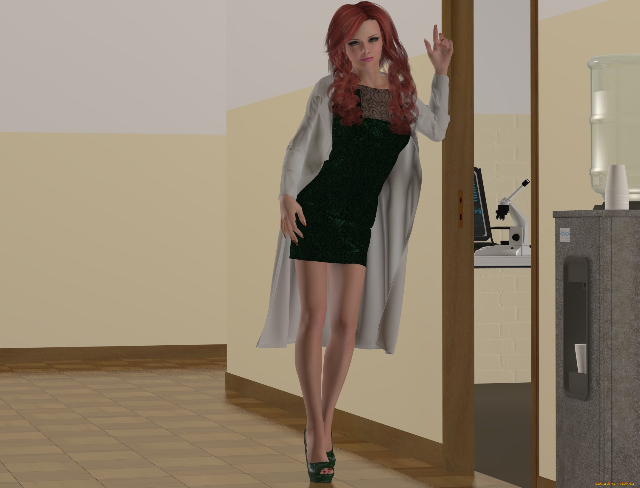 3д, графика, люди, , people, рыжая, взгляд, девушка, офис