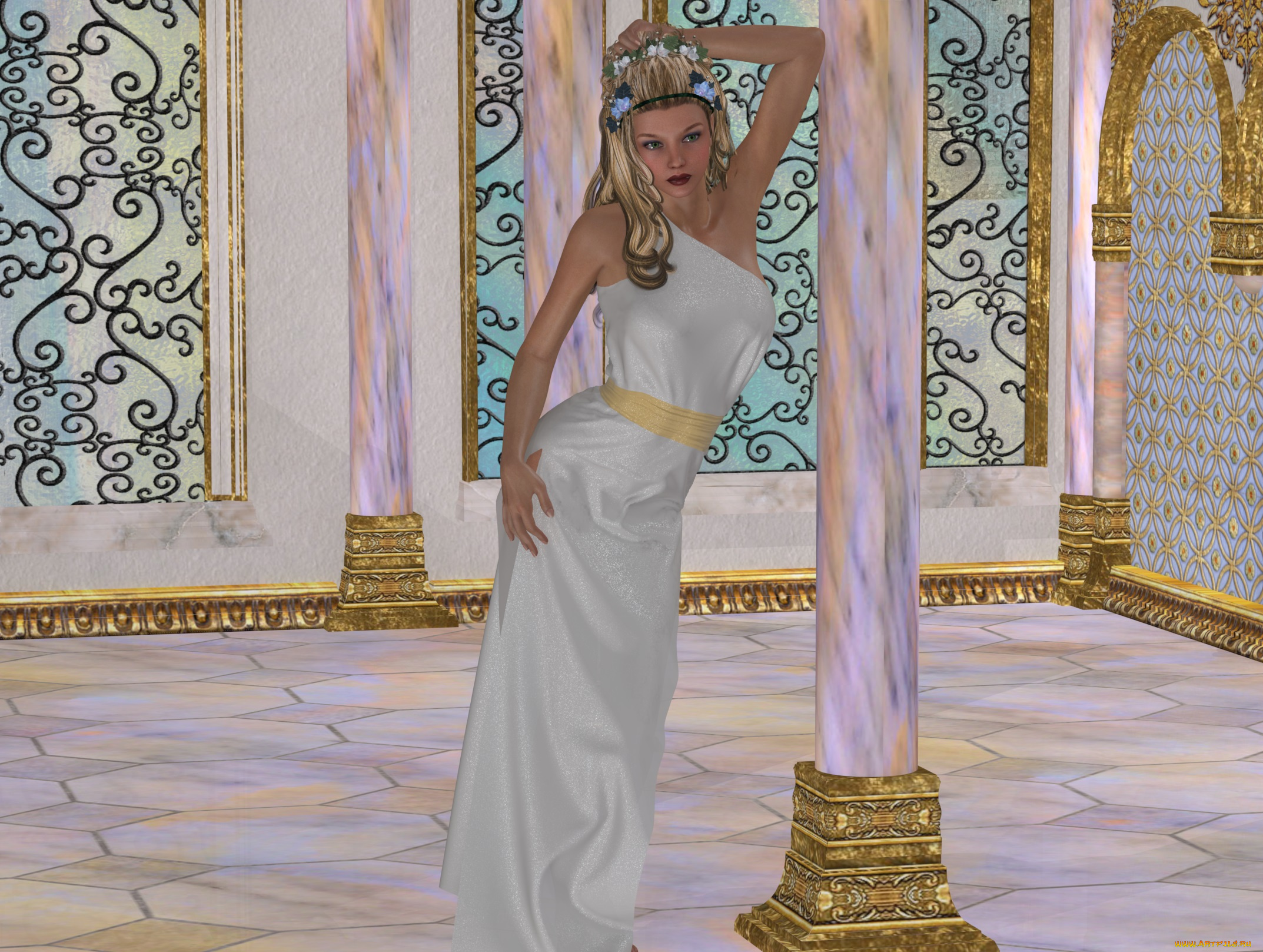 3д, графика, люди, , people, девушка, взгляд, платье, колона