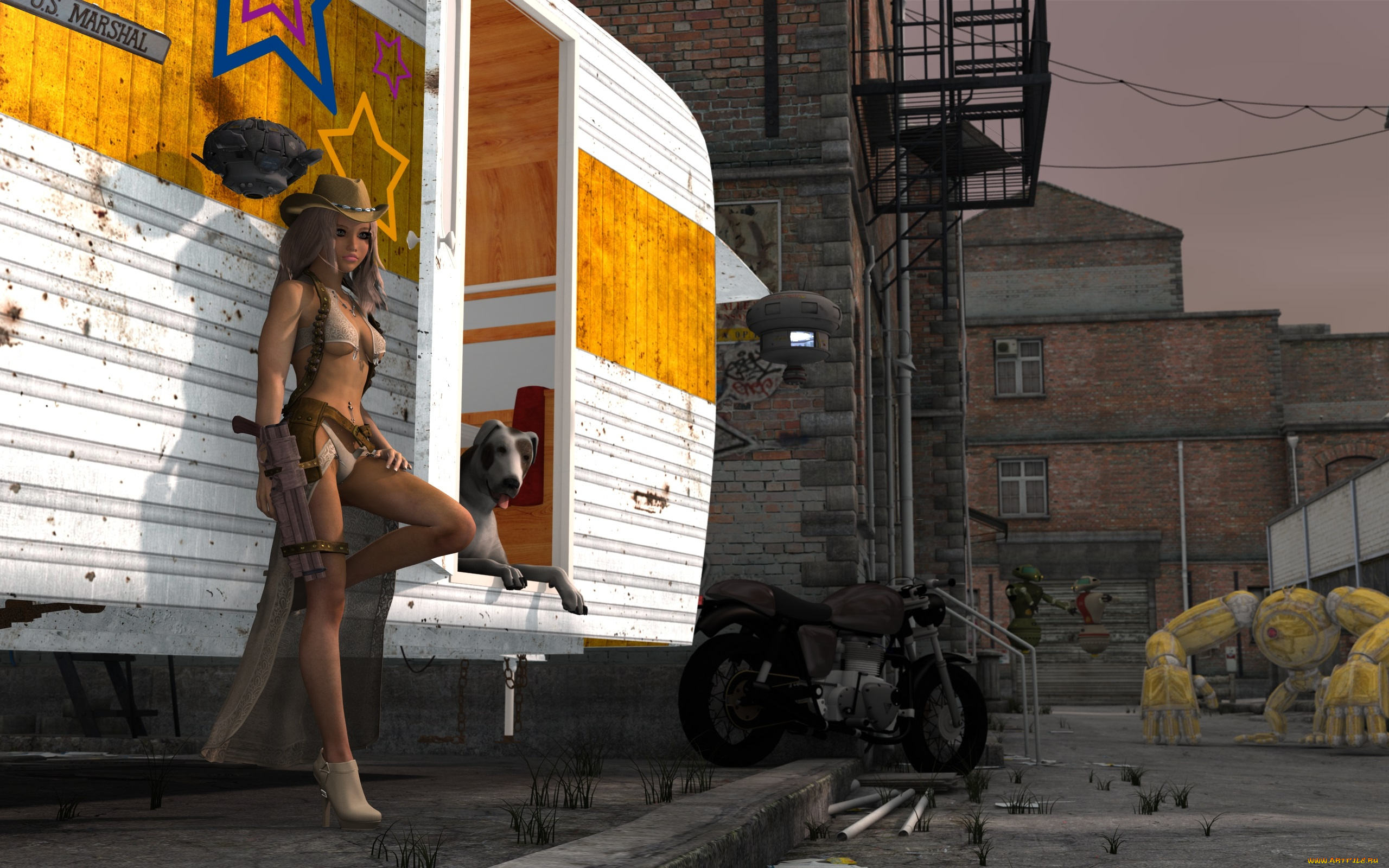 3д, графика, люди, , people, собака, робот, дома, взгляд, девушка