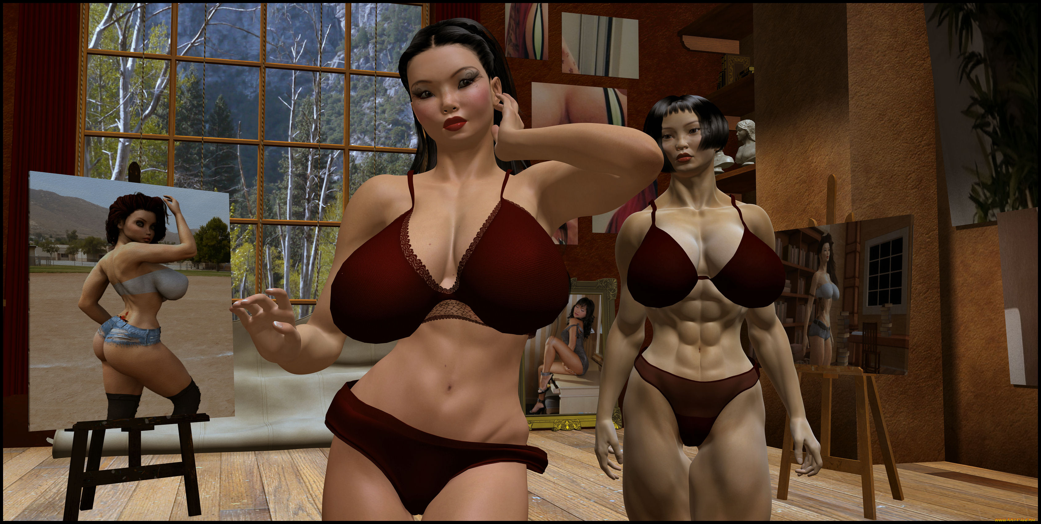 3д, графика, люди, , people, девушки, картина, взгляд, окно