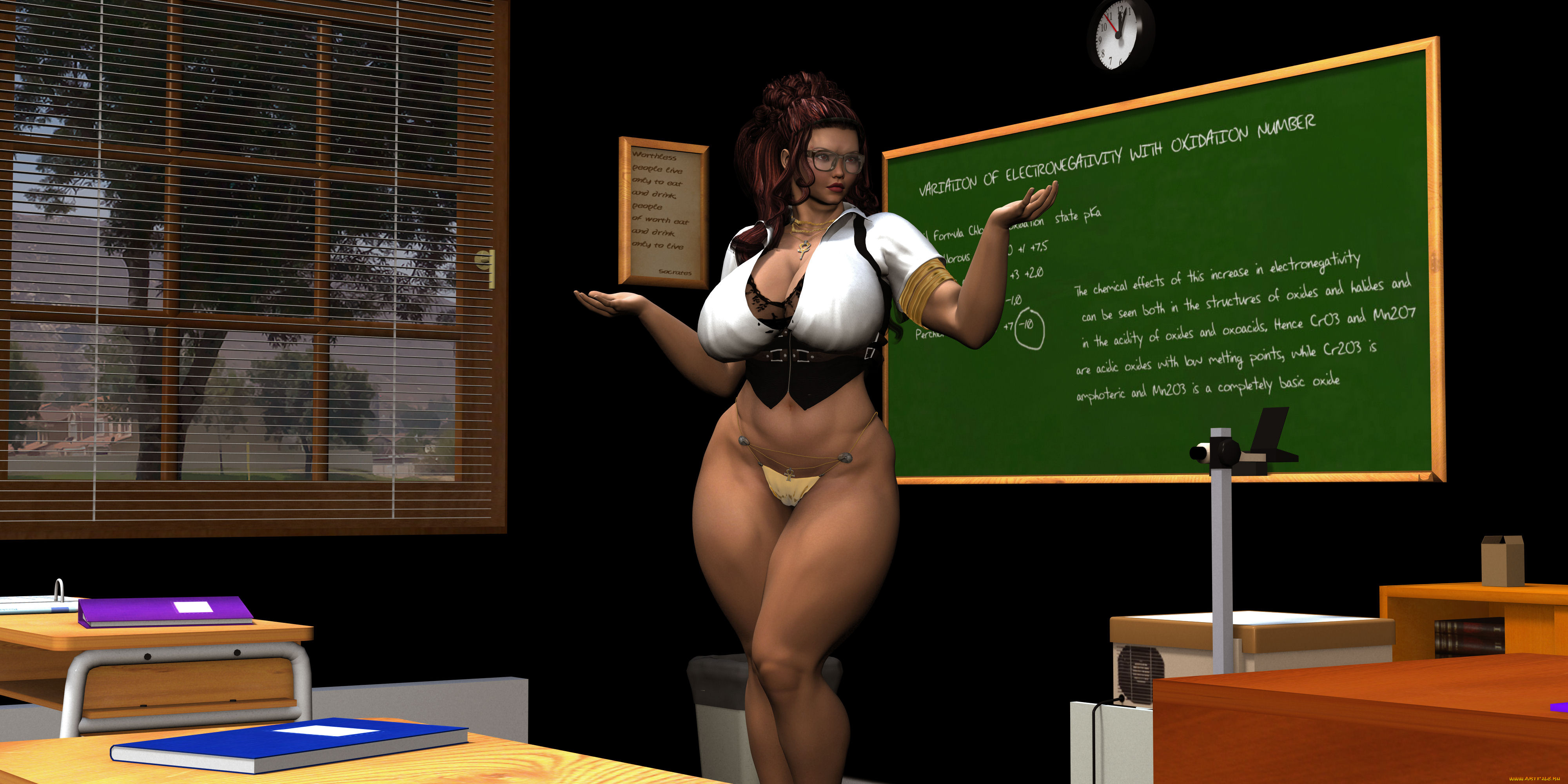 3д, графика, люди, , people, жест, доска, стол, окно, учительница, девушка, взгляд, класс, книги, часы