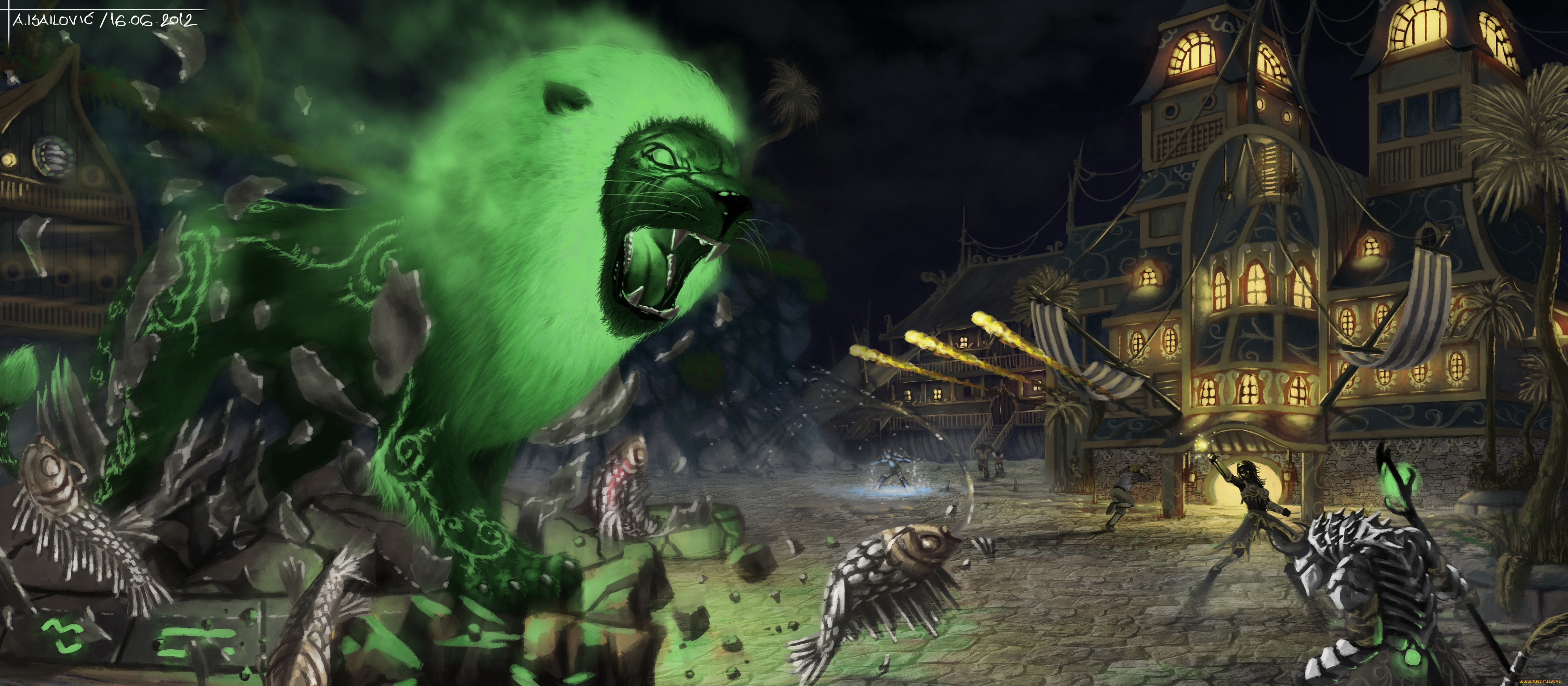 фэнтези, существа, лев, нежить, город, рыбы