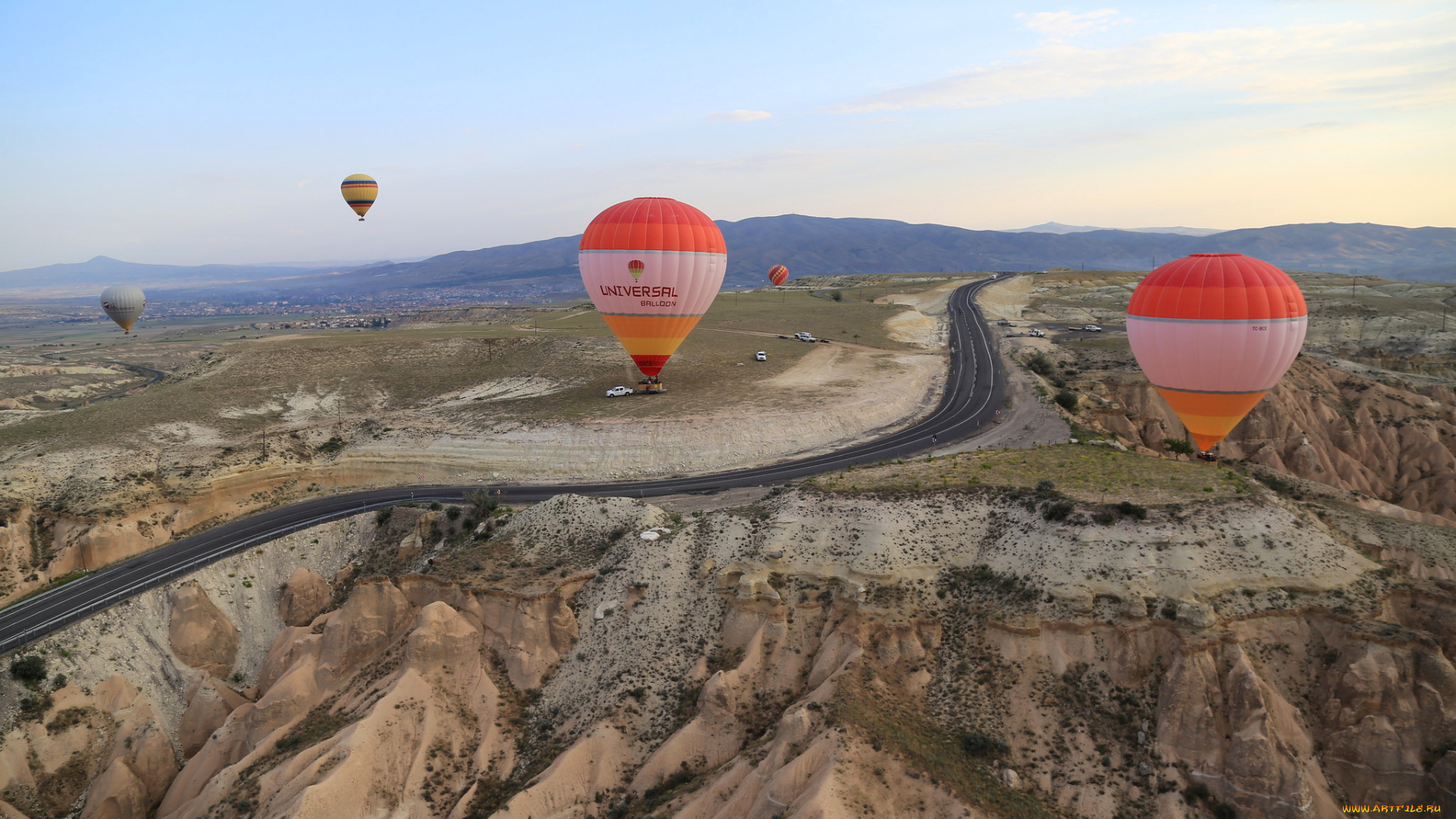 авиация, воздушные, шары, небо, турция, каппадокия, горы, дорога, воздушный, шар
