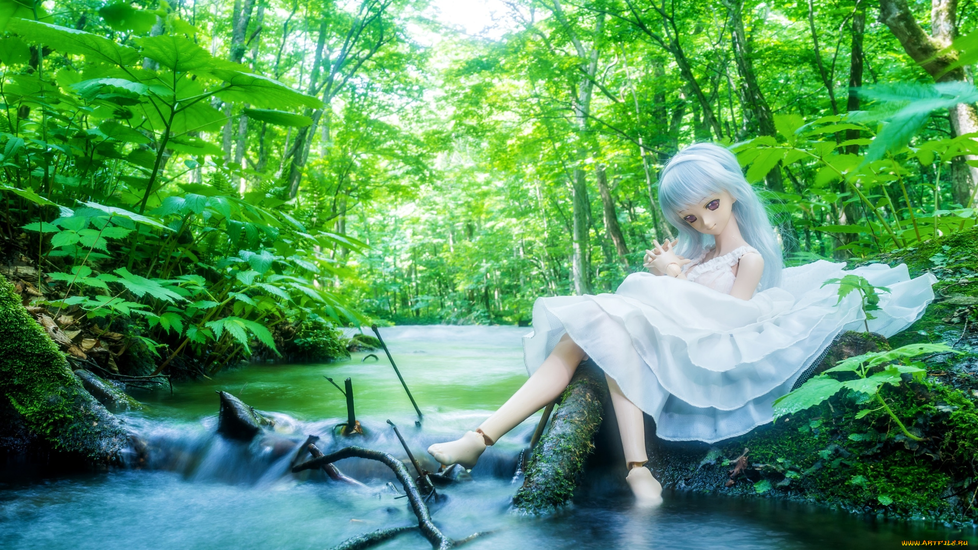 разное, игрушки, лес, вода, деревья, платье, река, кукла