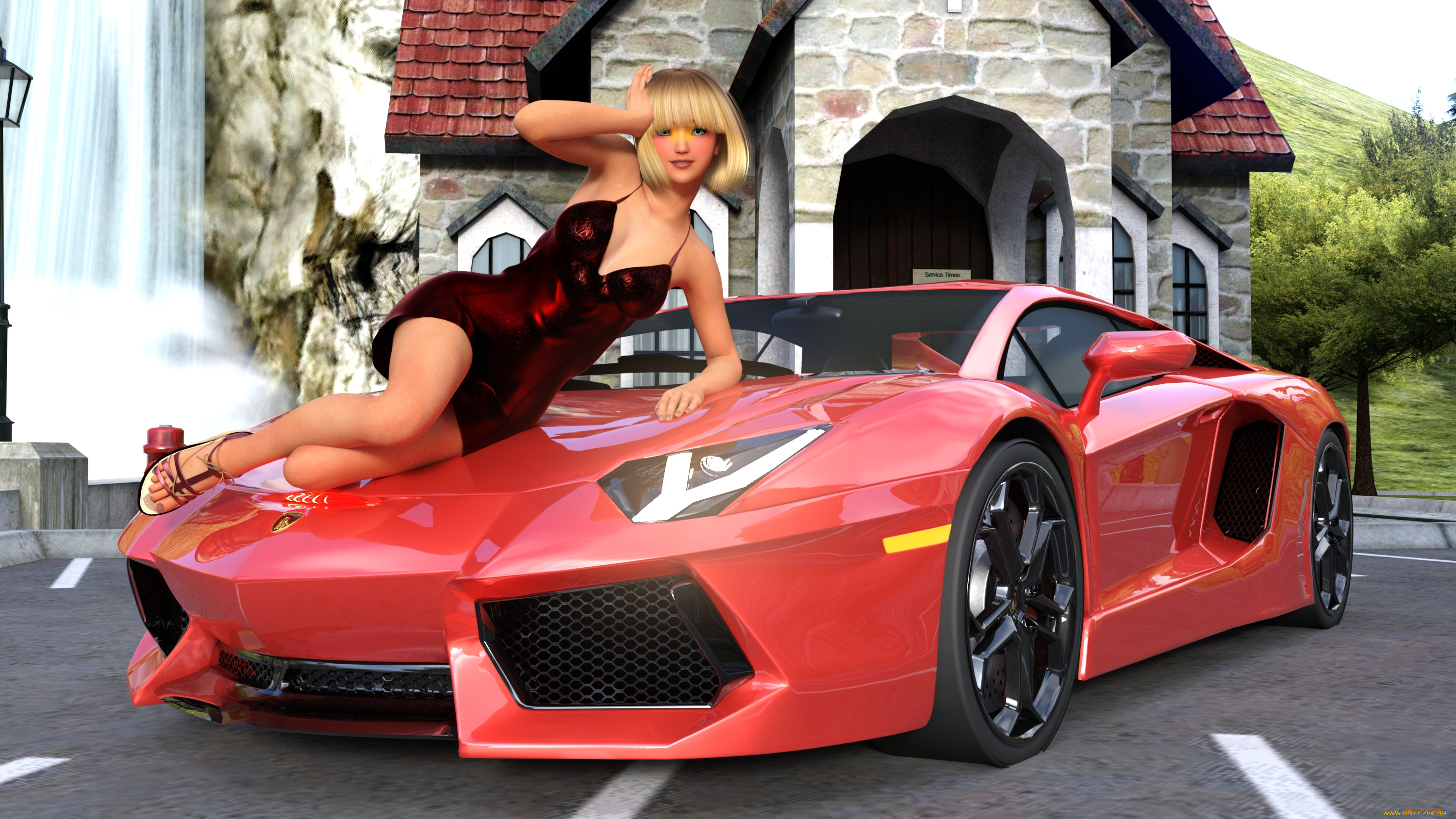 автомобили, 3d, car&girl, автомобиль, фон, взгляд, девушка