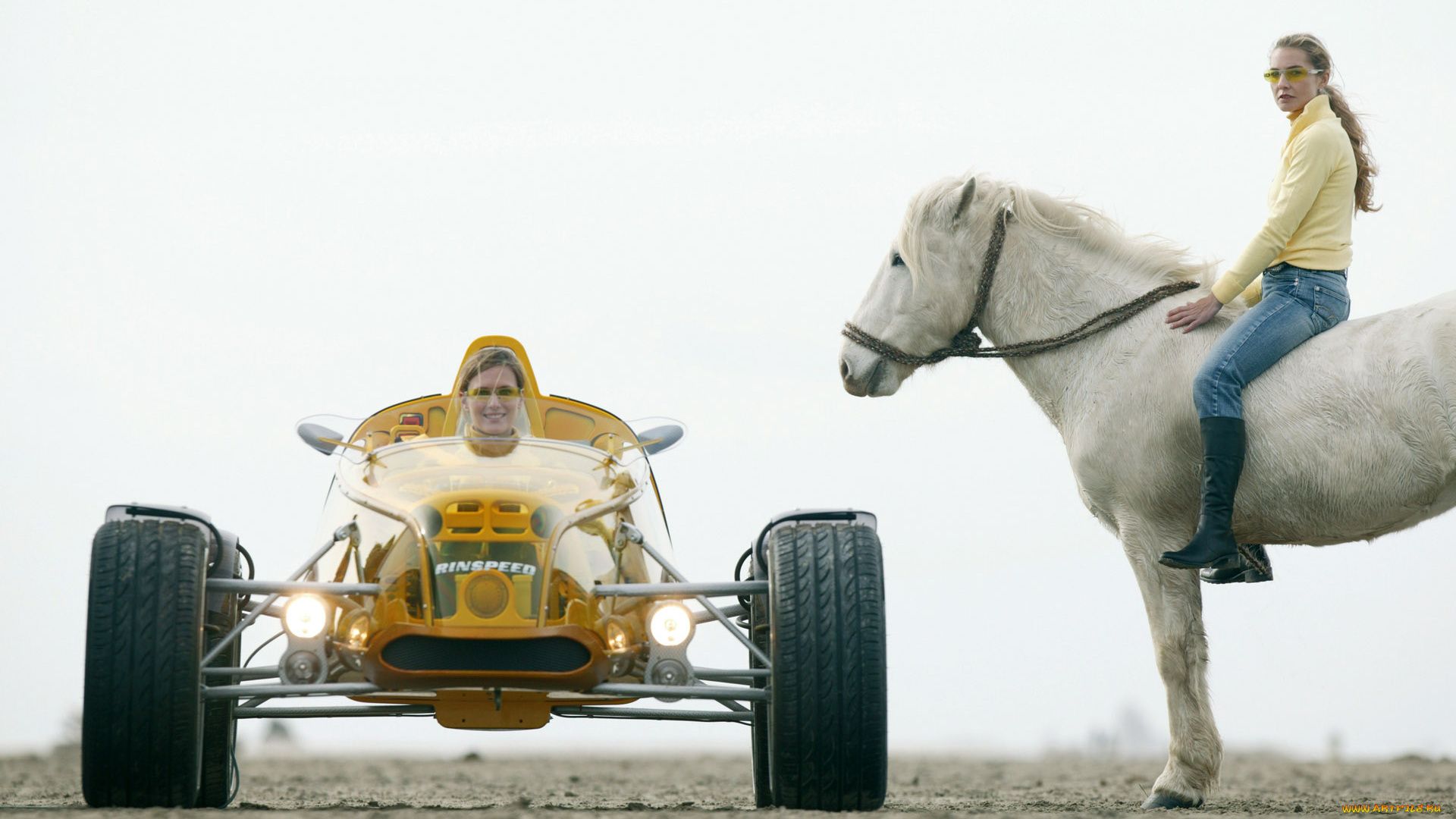 автомобили, rinspeed, всадница, концепт, девушки, желтый, лошадь