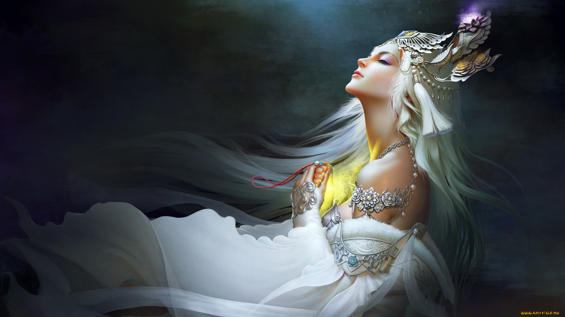 фэнтези, девушки, сияние, длинные, волосы, украшения, профиль, девушка, головной, убор