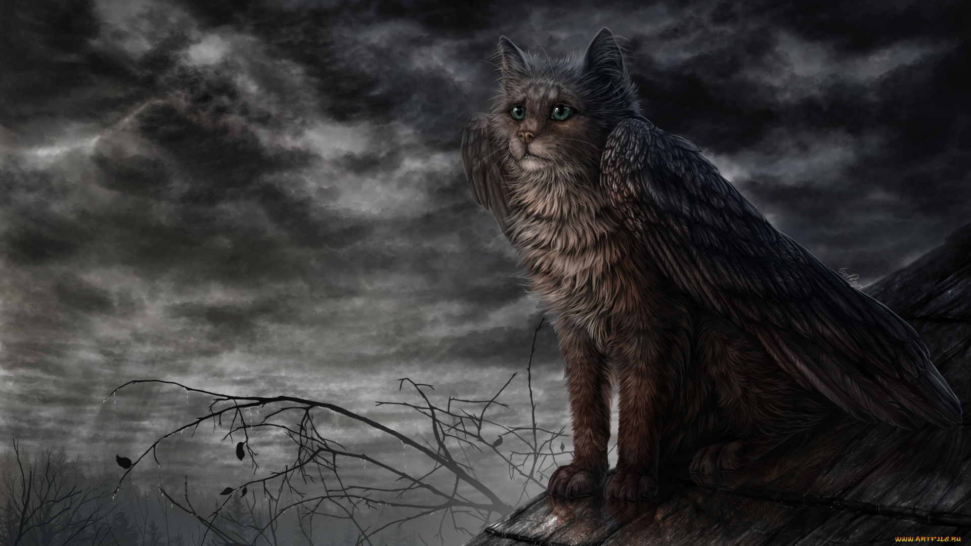 фэнтези, существа, крыша, крылья, кот, существо, иной, мир