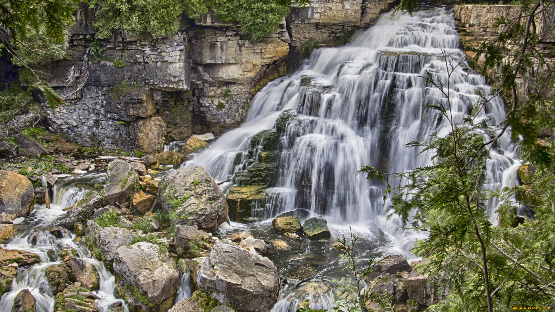 природа, водопады, водопад, лес, река