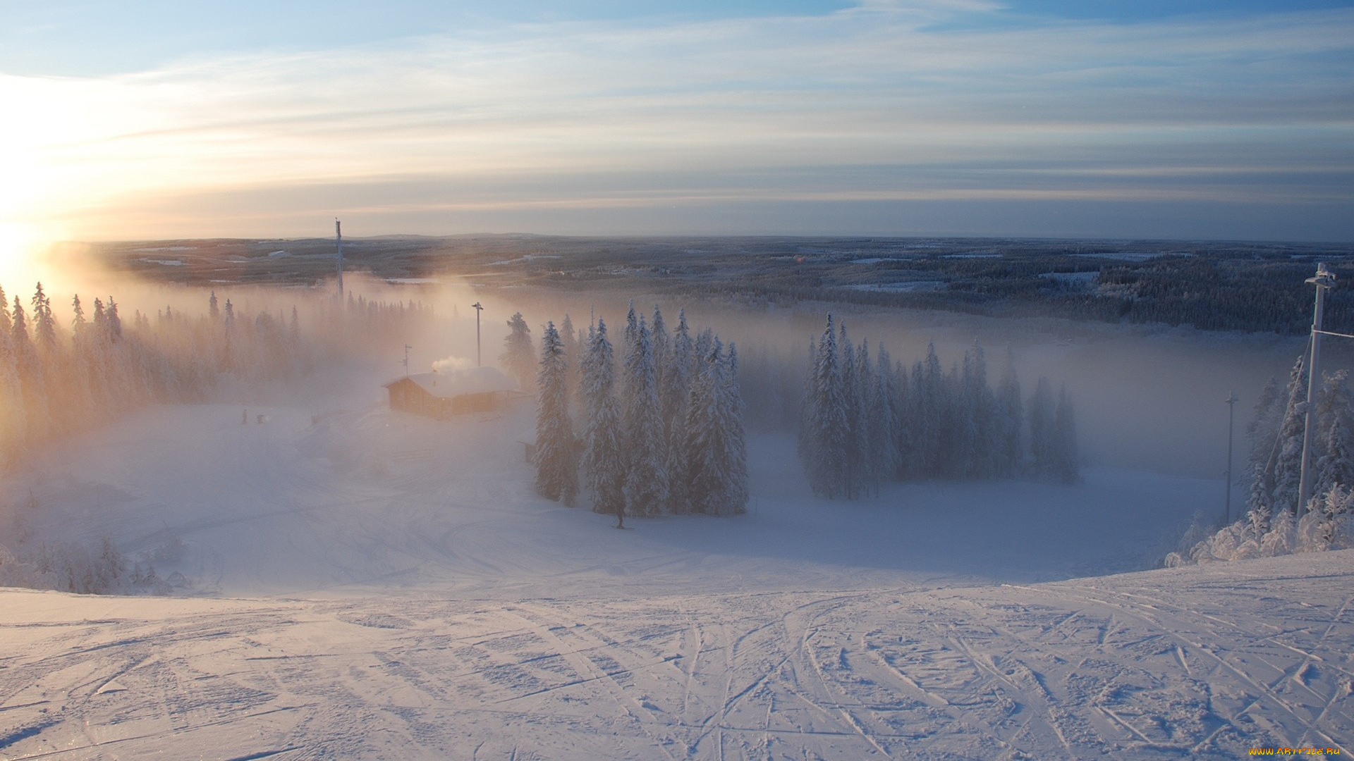 природа, зима, деревья, спуск, небо, дом, снег, туман