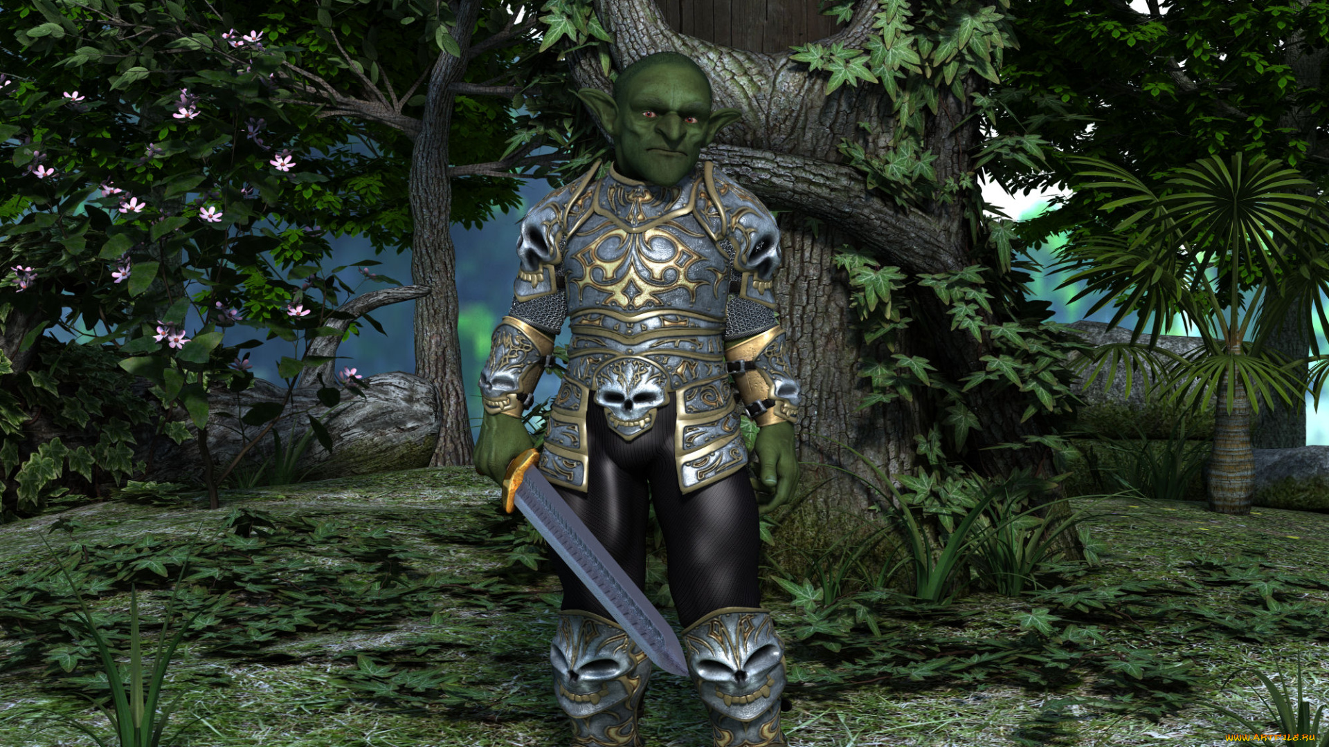 3д, графика, существа, , creatures, взгляд, эльф, фон, оружие