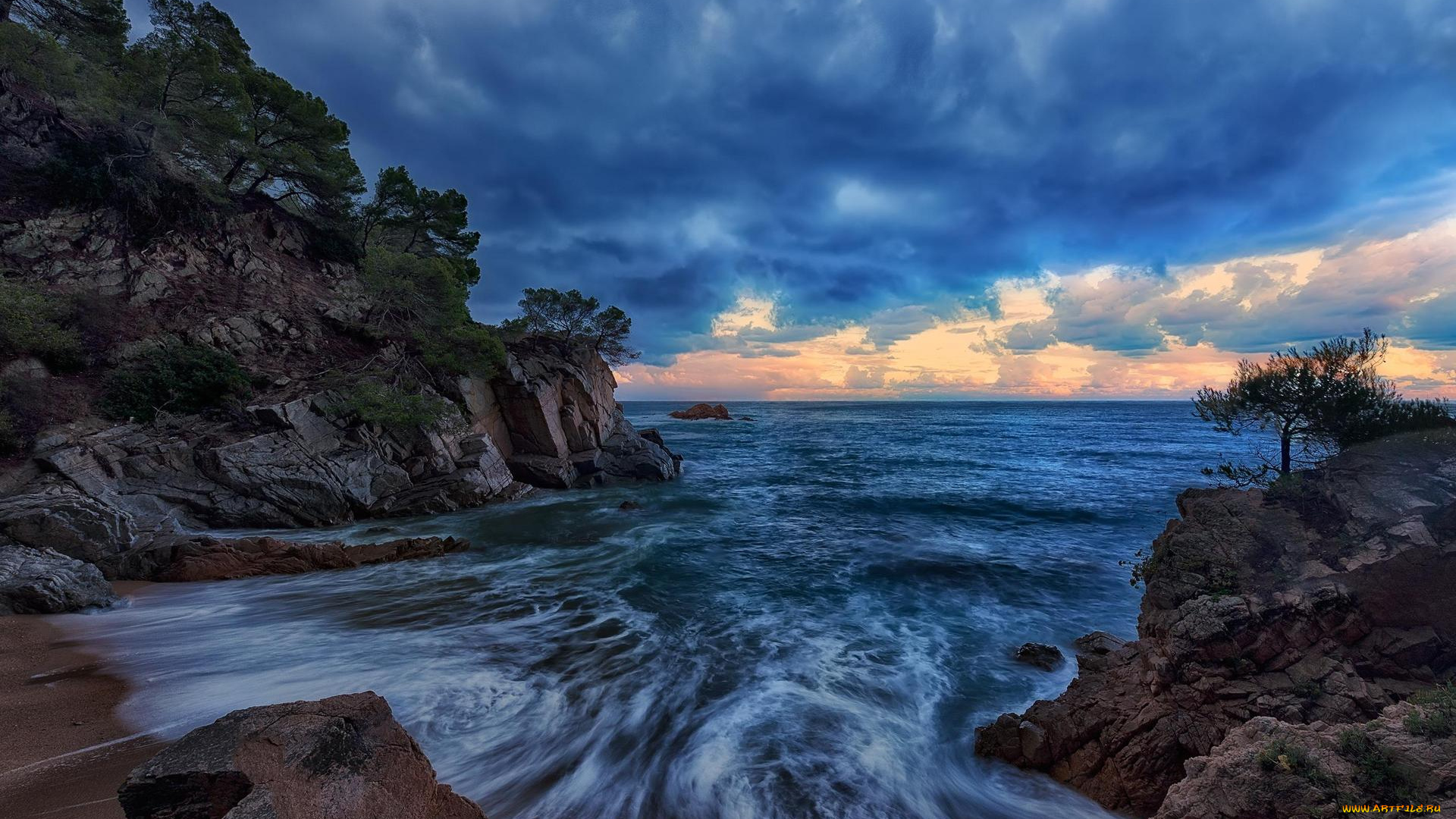 природа, побережье, закат, море, скалы, деревья, волны