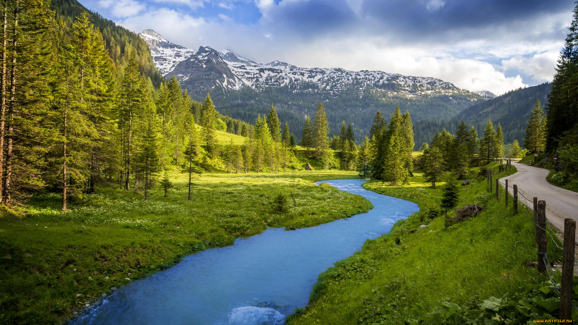 природа, реки, озера, австрия, горная, река, горы, деревья, дорога