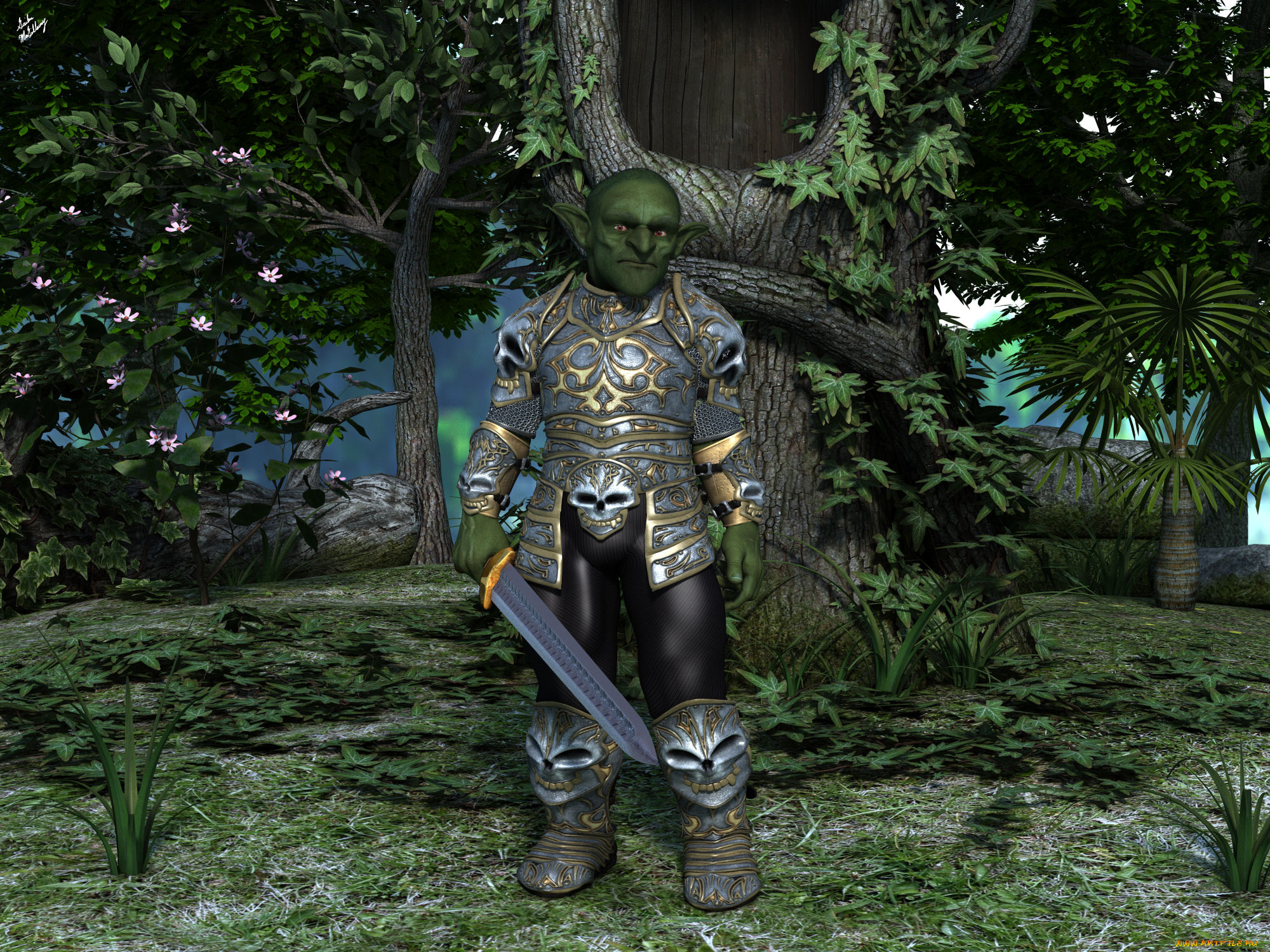 3д, графика, существа, , creatures, взгляд, эльф, фон, оружие