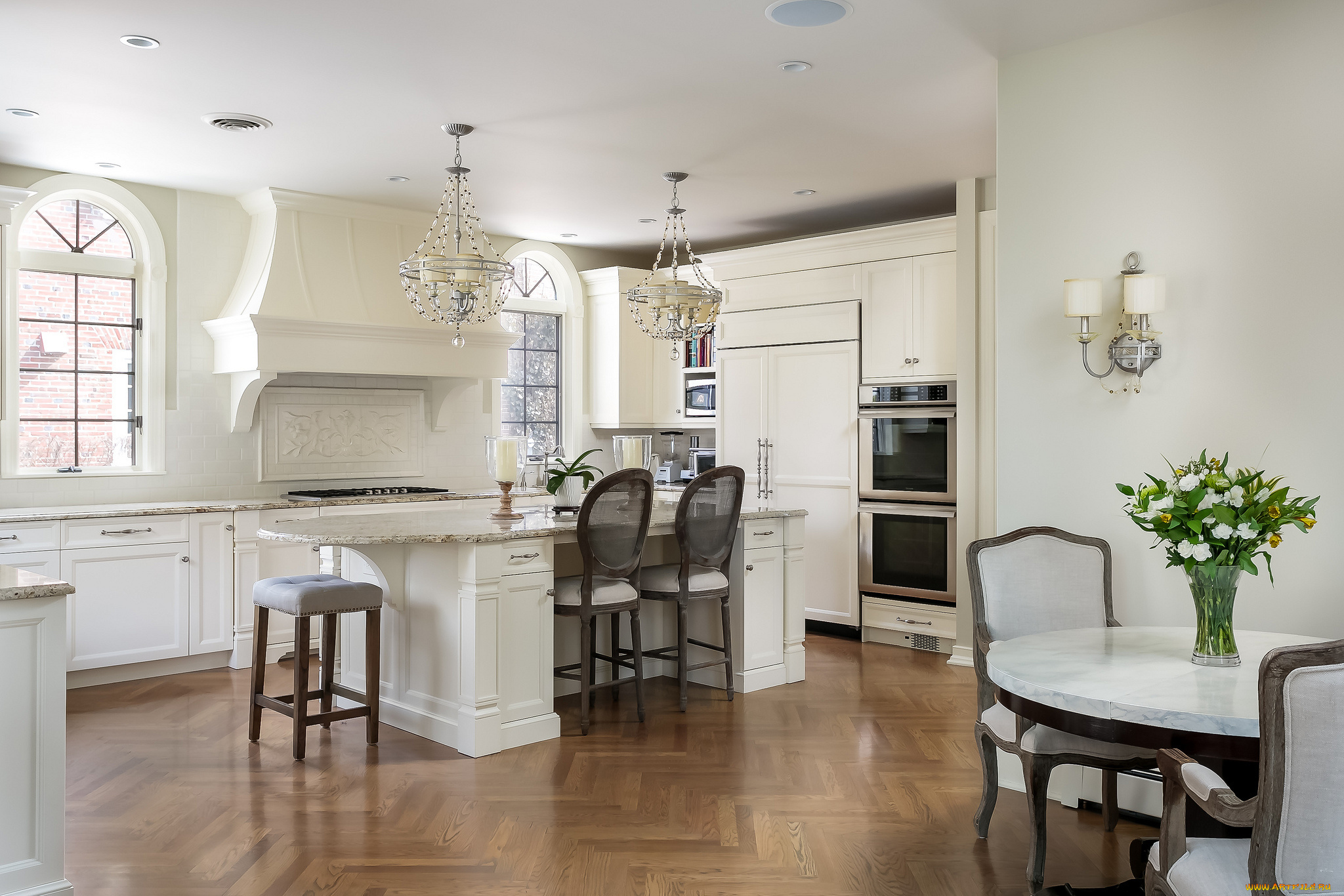 интерьер, кухня, стулья, мебель, люстра, дизайн, бра, стол