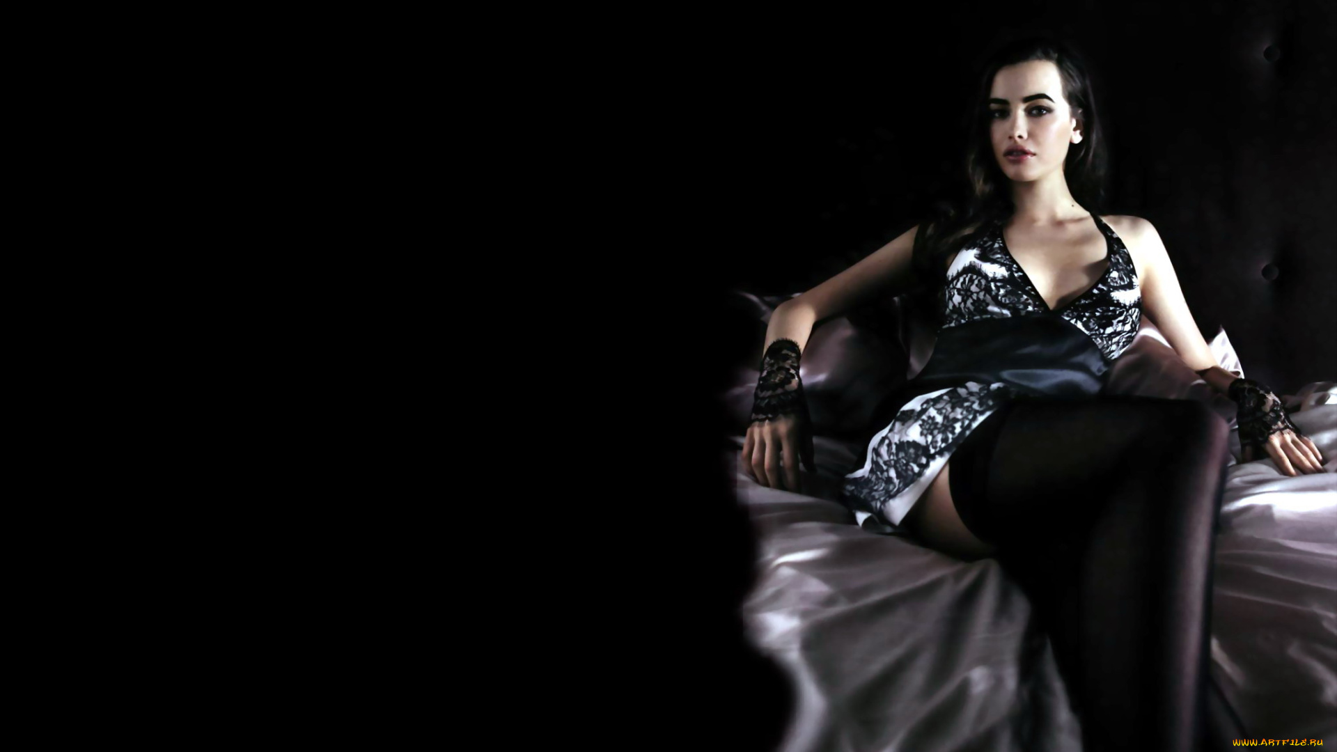 девушки, sarah, stephens, чулки, модель, брюнетка, платье, перчатки