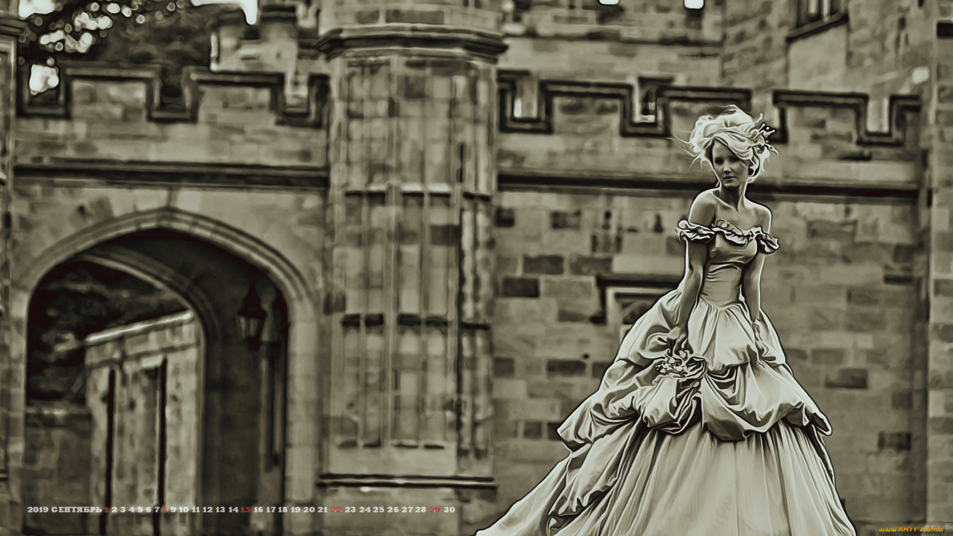 календари, компьютерный, дизайн, модель, замок, 2019, calendar, женщина, архитектура, платье, девушка