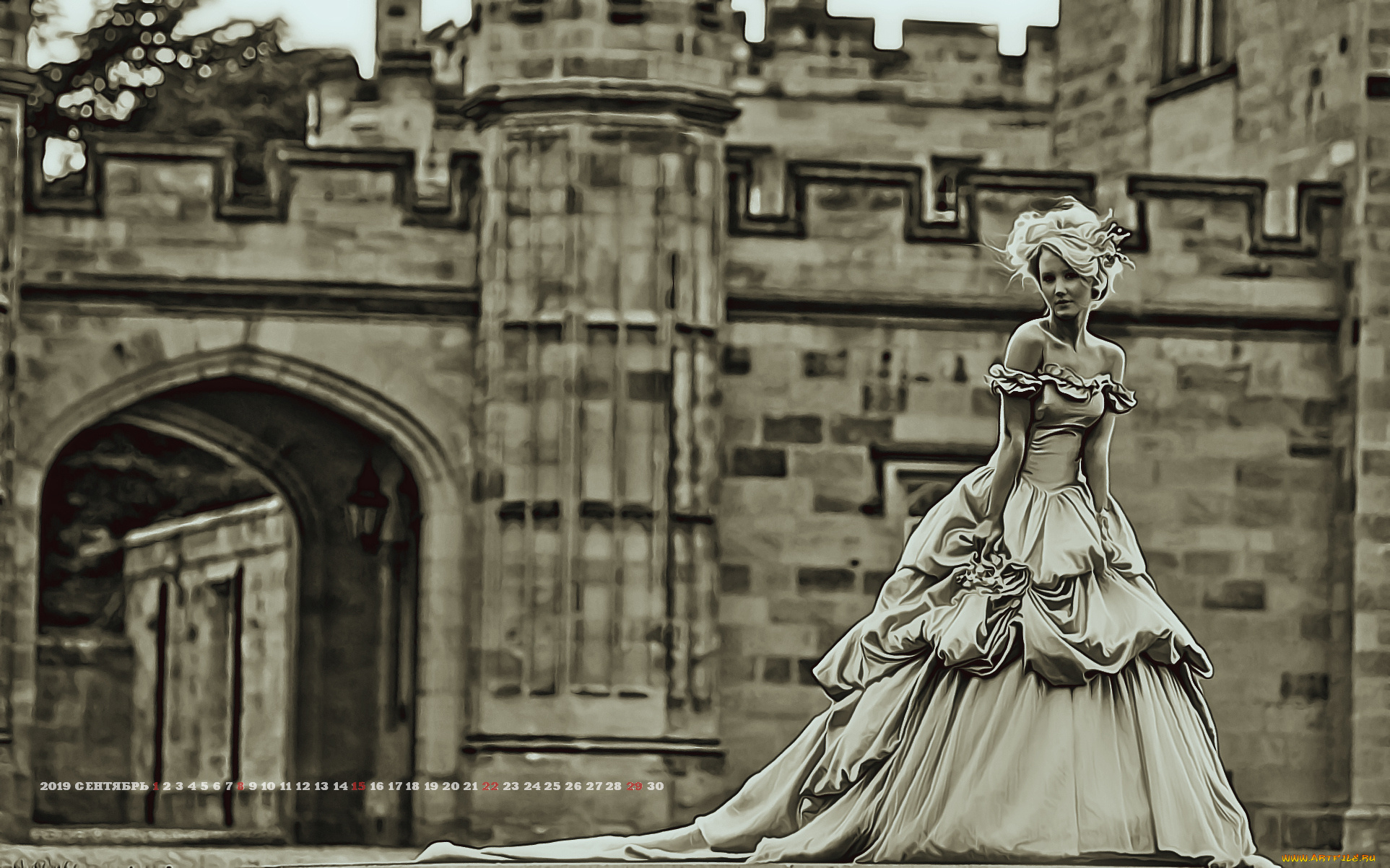 календари, компьютерный, дизайн, модель, замок, 2019, calendar, женщина, архитектура, платье, девушка