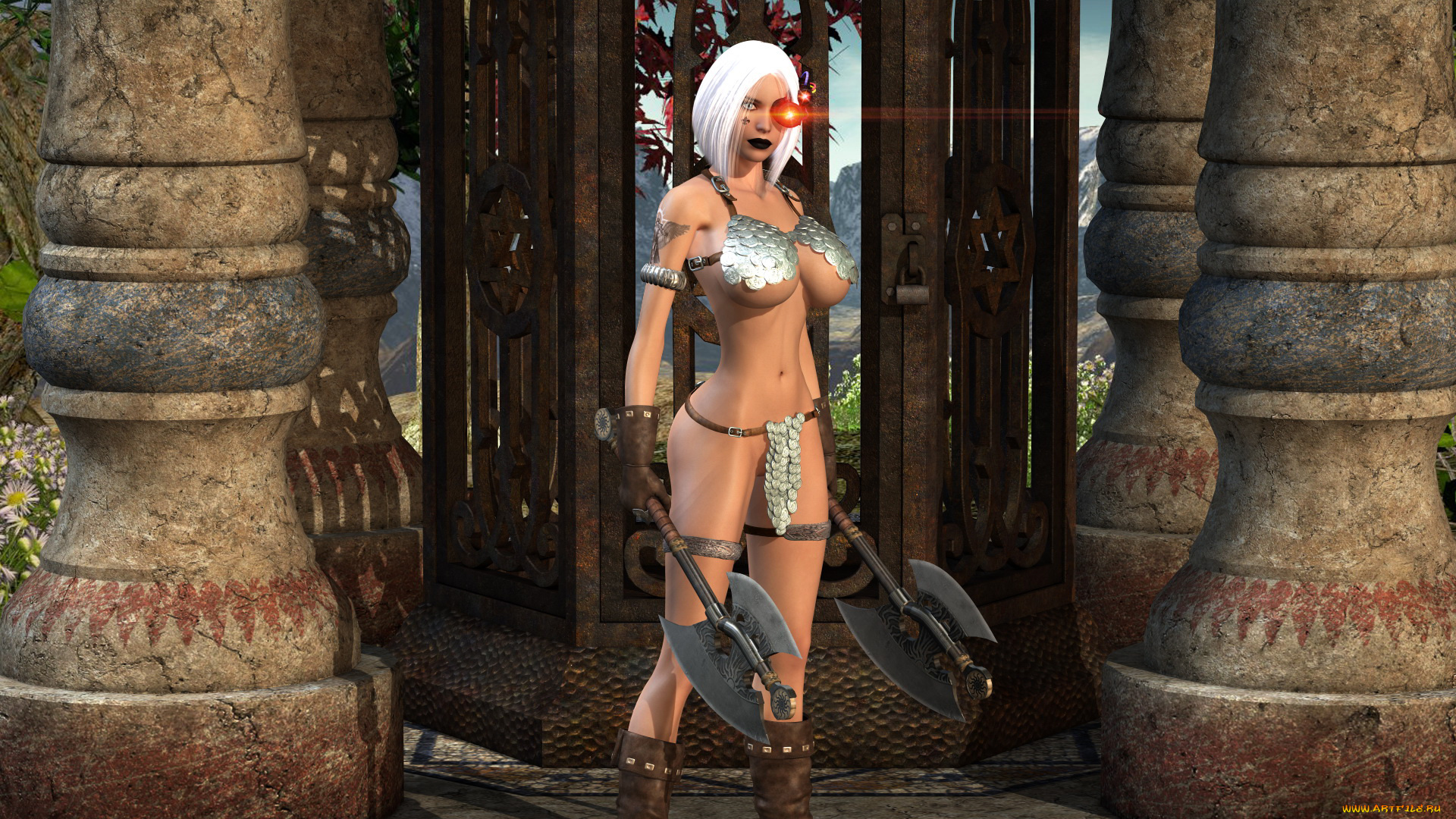 3д, графика, фантазия, , fantasy, девушка, фон, взгляд, топор, латы