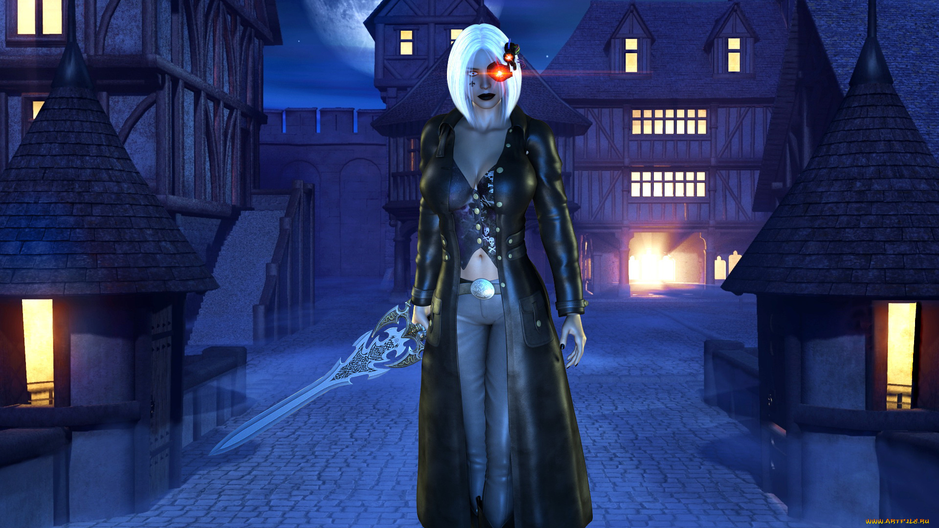 3д, графика, фантазия, , fantasy, девушка, фон, плащ, город, меч