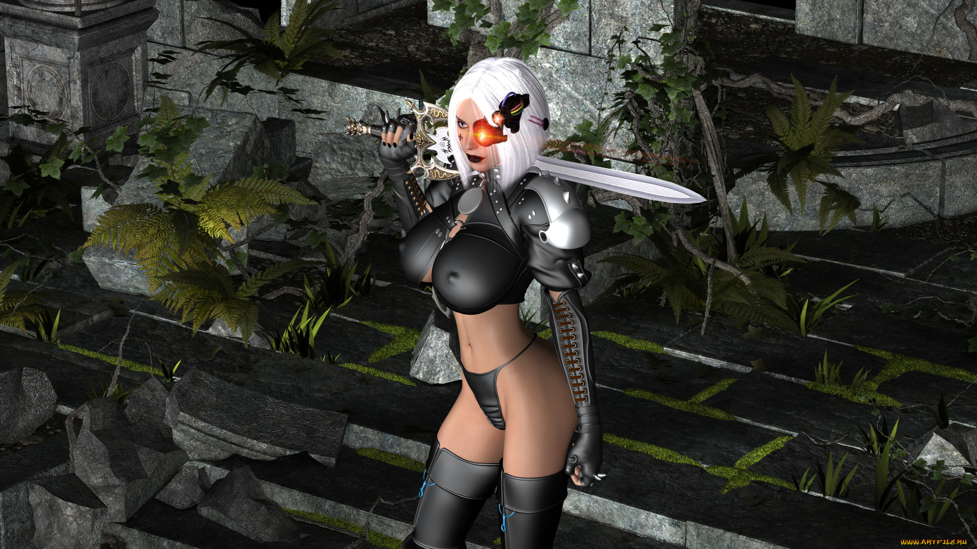 3д, графика, фантазия, , fantasy, девушка, фон, униформа, меч