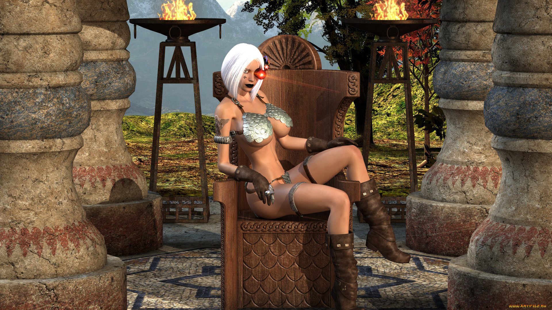 3д, графика, фантазия, , fantasy, девушка, фон, взгляд, трон, латы