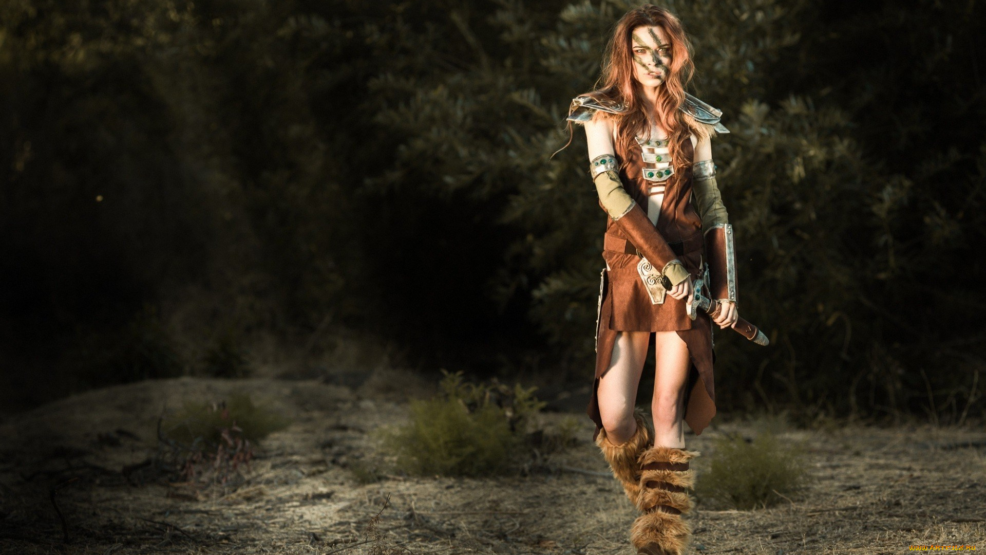 девушки, -, креатив, , косплей, рыжая, костюм, меч, лес