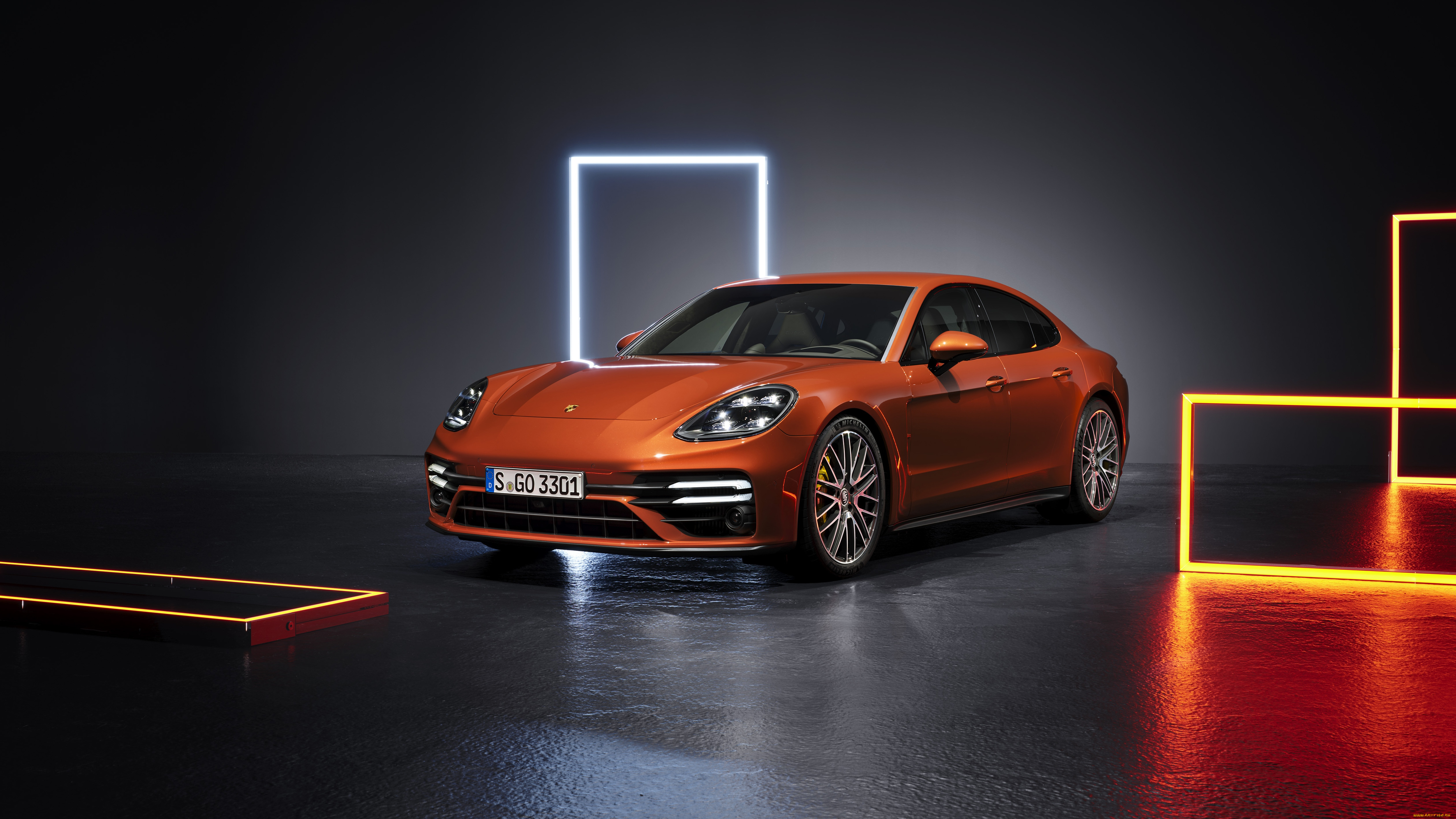 2021, porsche, panamera, turbo, s, автомобили, porsche, порше, панамера, студия, оранжевый, автомобиль, прожекторы