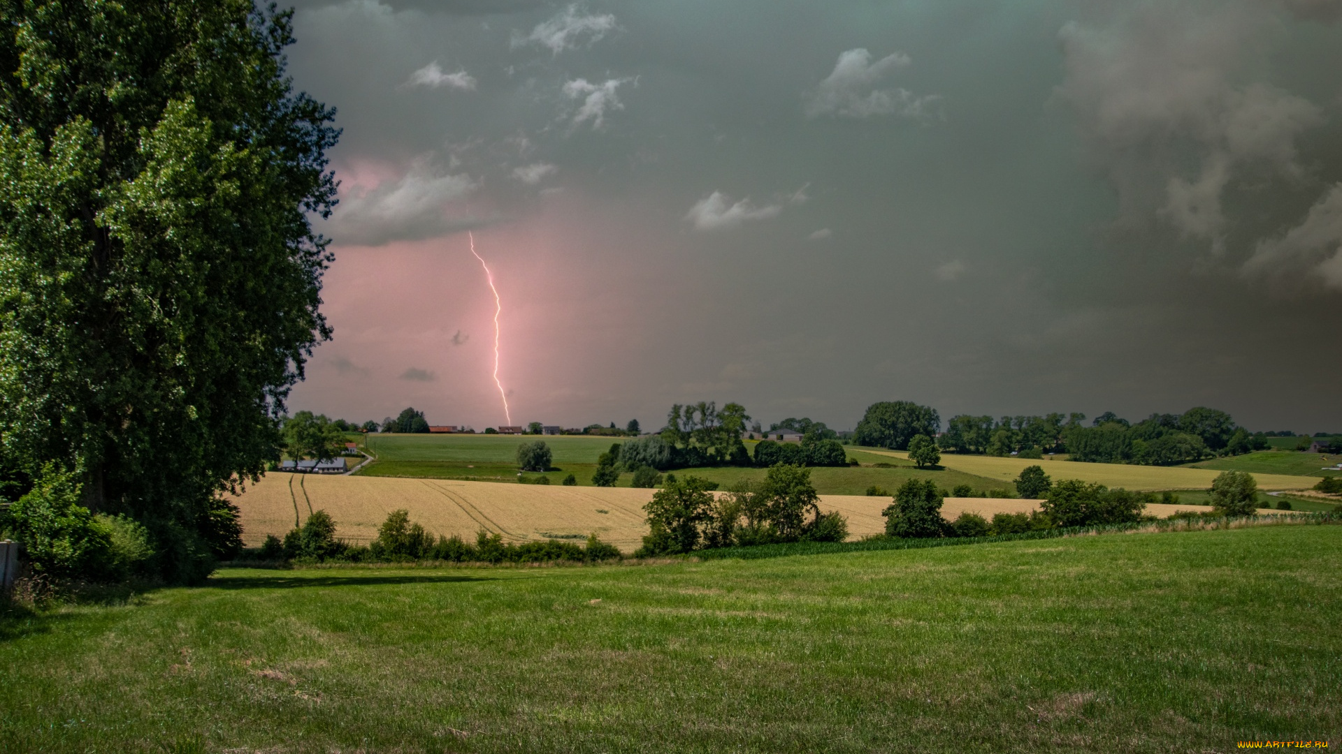 природа, молния, , гроза, тучи, поле