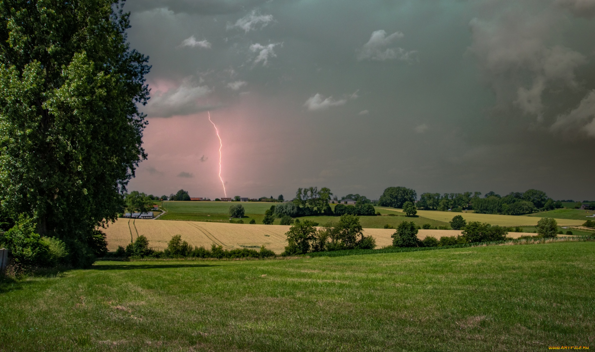 природа, молния, , гроза, тучи, поле