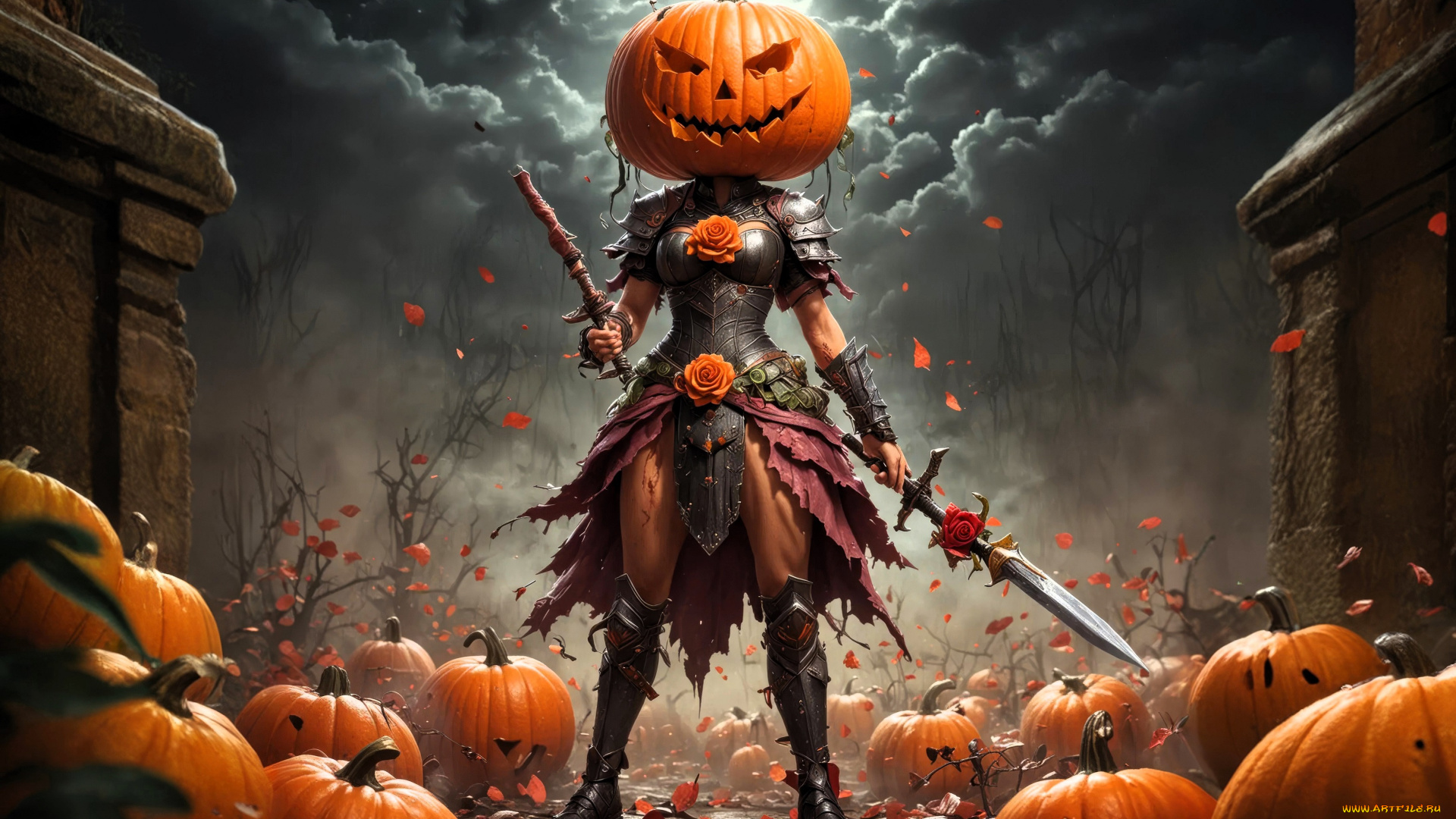 3д, графика, фантазия, , fantasy, хэллоуин, девушка, тыквы, существо, тучи, развалины, оружие, розы