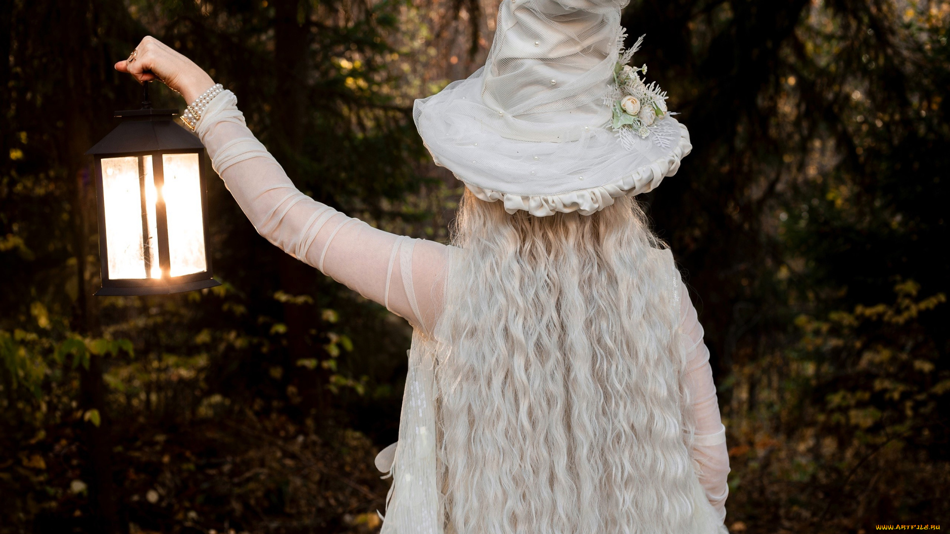 девушки, -, креатив, , косплей, образ, костюм, косплей, наряд, шляпа, платье, фонарь, лес