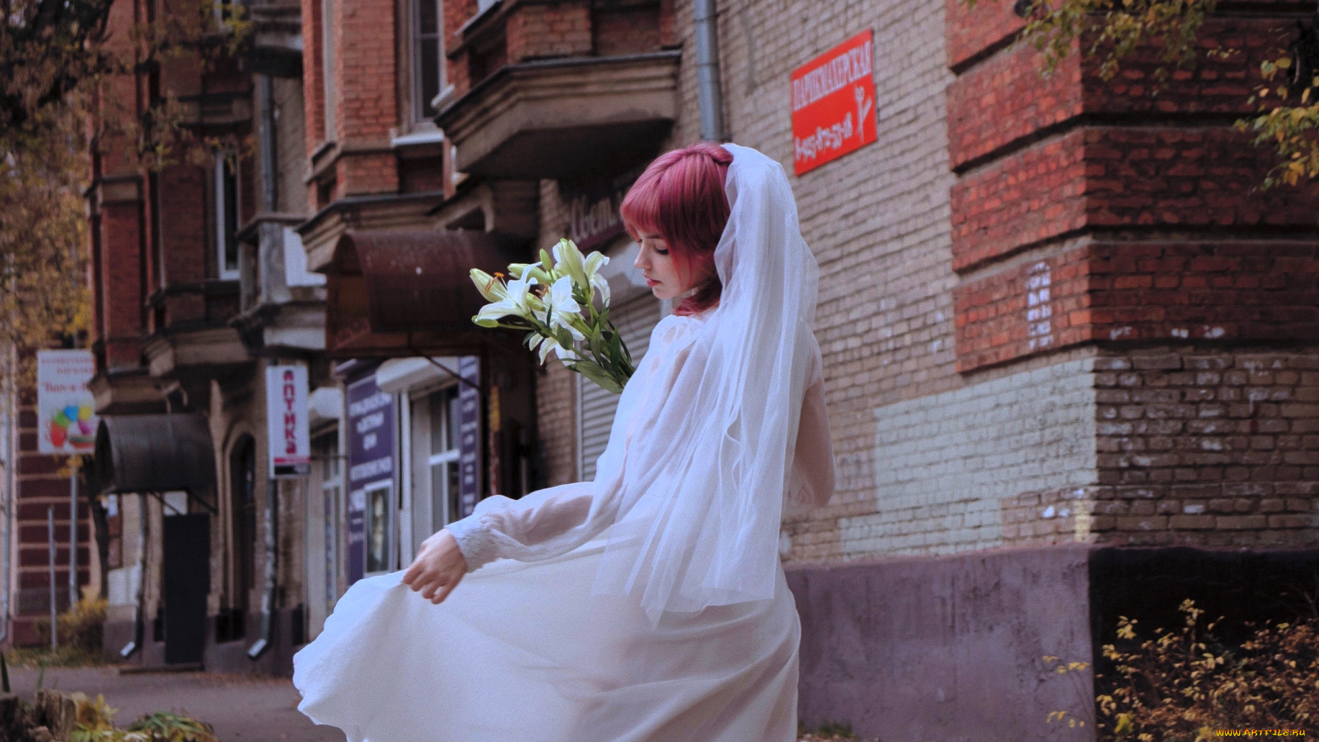 девушки, tenletters, образ, косплей, наряд, невеста, фата, платье, лилии, цветы, дом