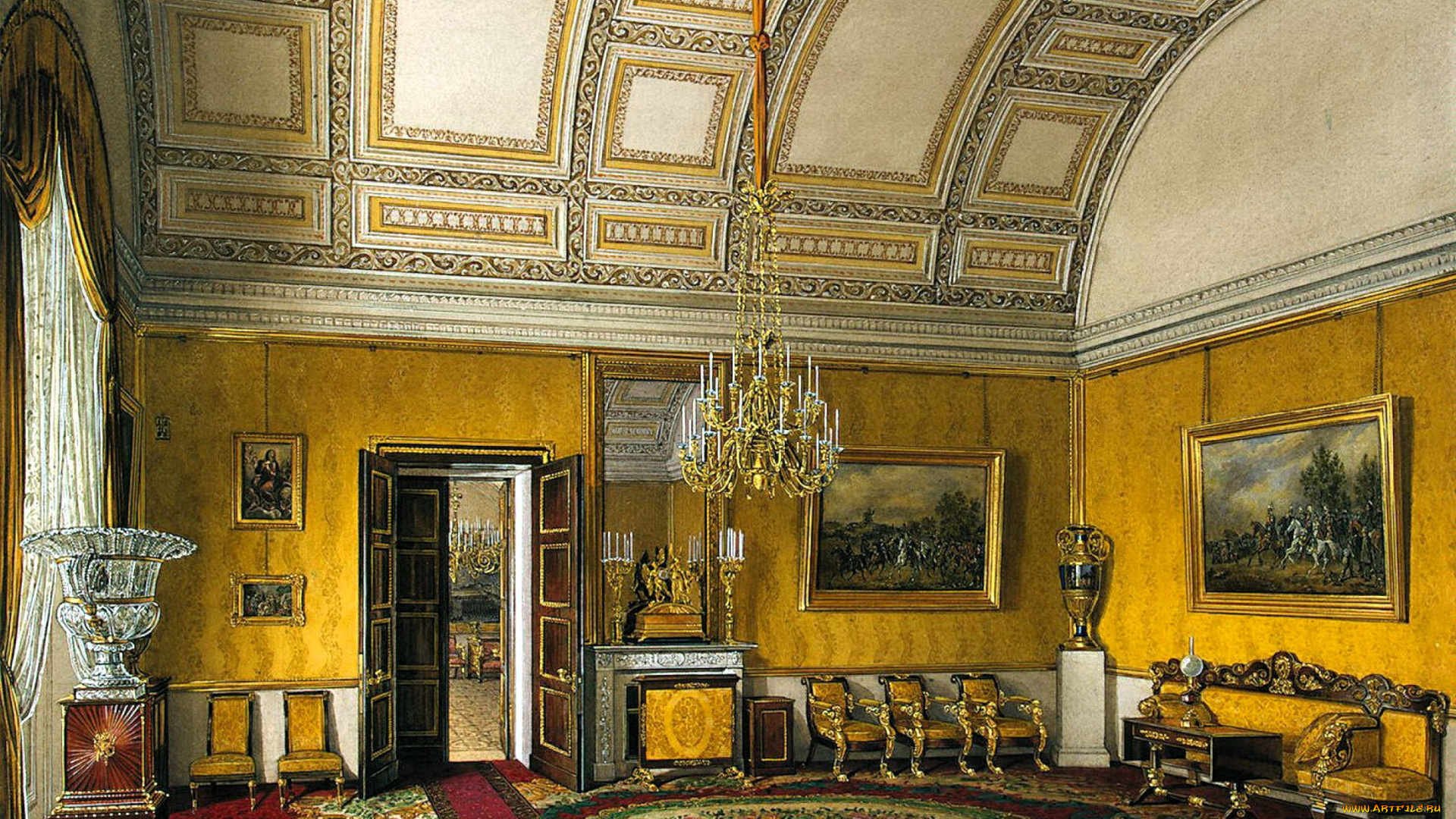 рисованное, эдуард, гау, дворец, интерьер, зал, лепнина, люстра, ковер, стулья, окна, картины