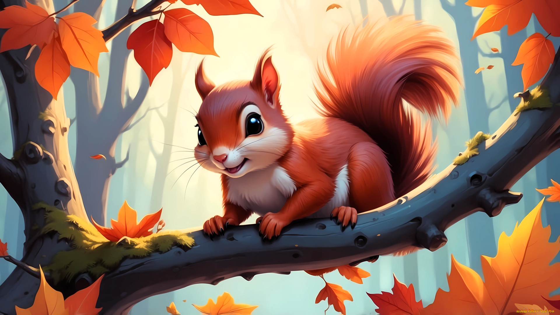 рисованное, животные, , белки, белка, ветка, лес, осень, листья, деревья