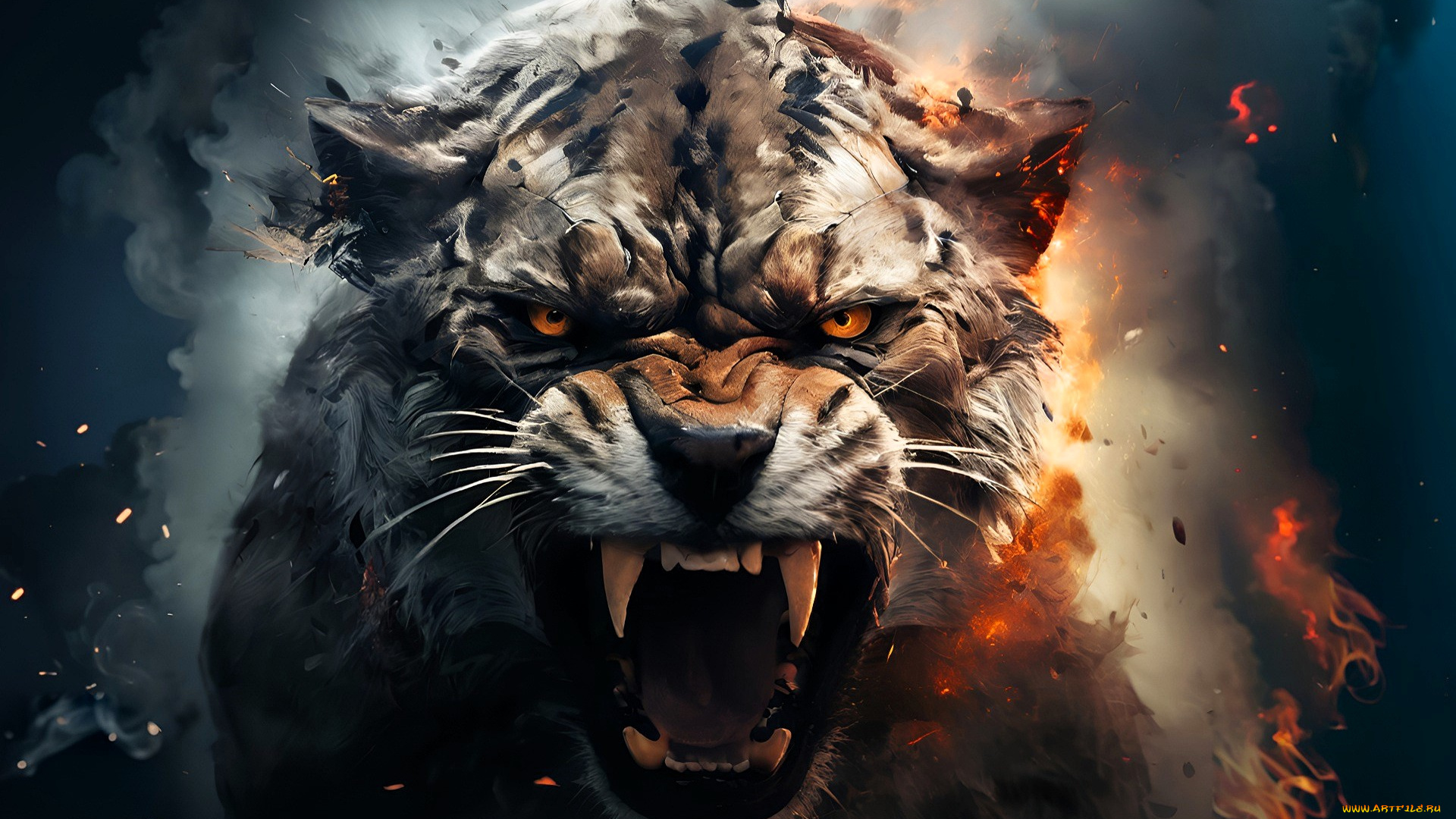 рисованное, животные, , пантеры, зверь, хищник, оскал, клыки, огонь