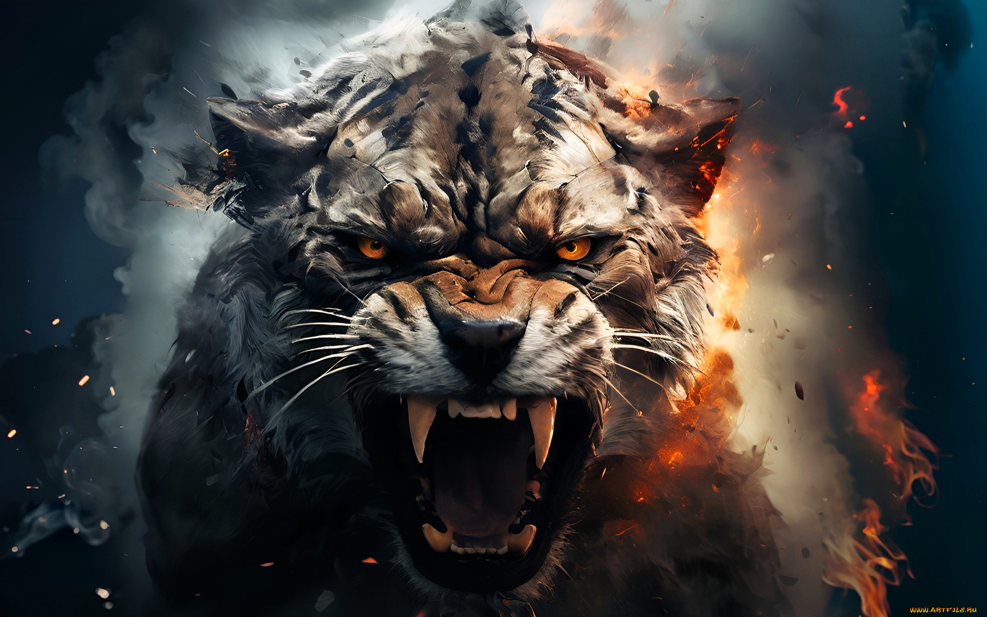 рисованное, животные, , пантеры, зверь, хищник, оскал, клыки, огонь