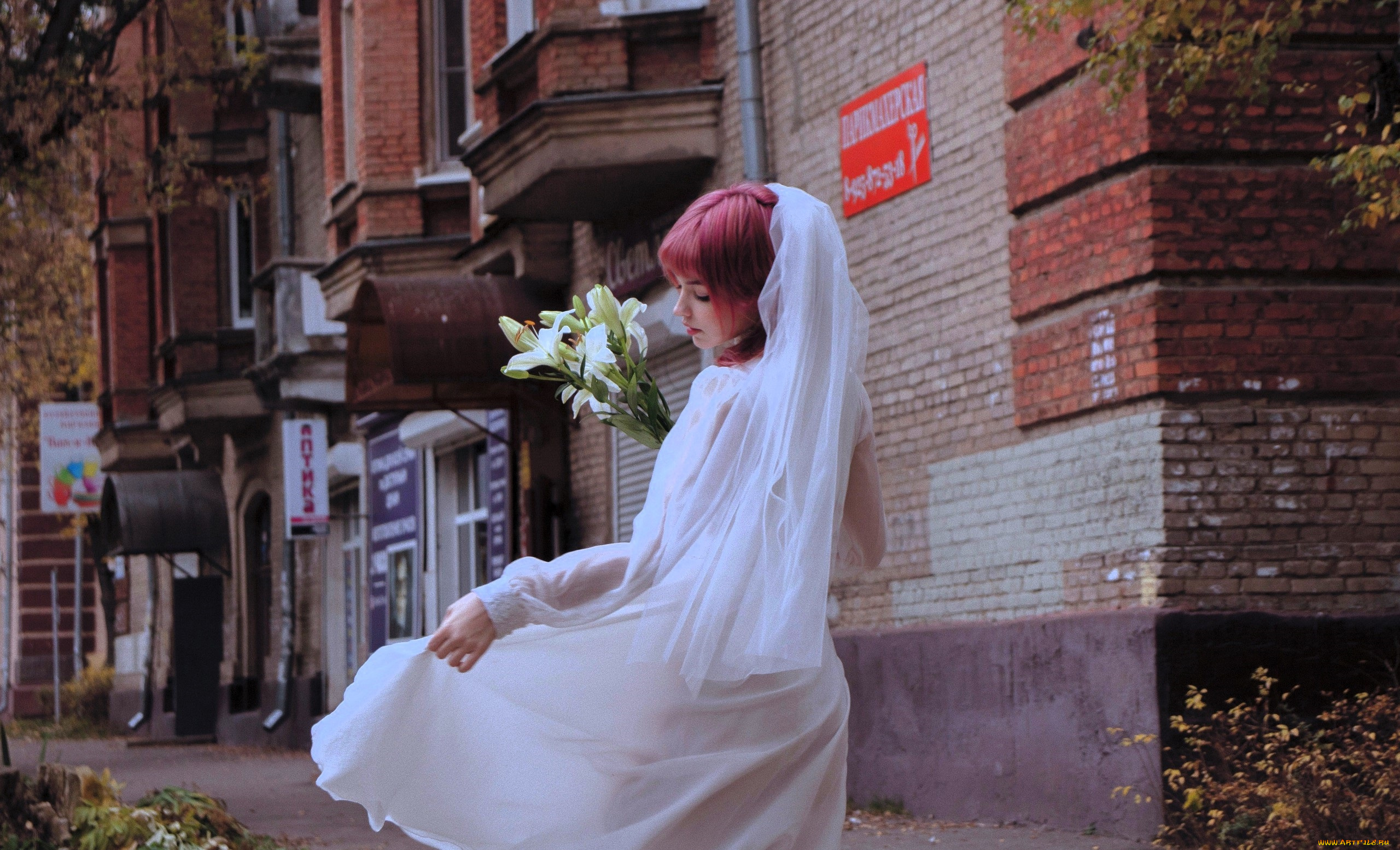 девушки, tenletters, образ, косплей, наряд, невеста, фата, платье, лилии, цветы, дом